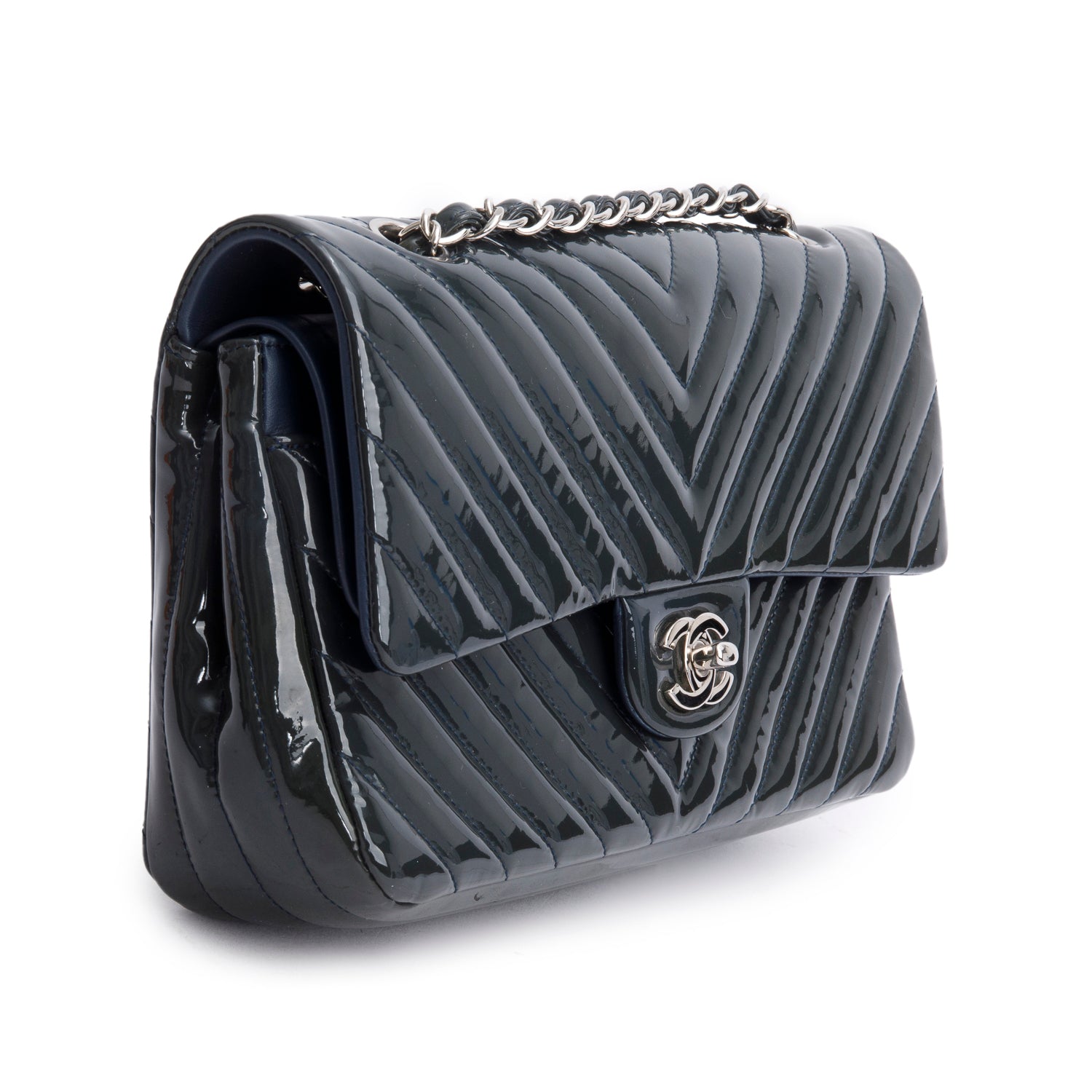 Chanel Chevron Quilted Patent Classic Double Leather Grey Travel Bag