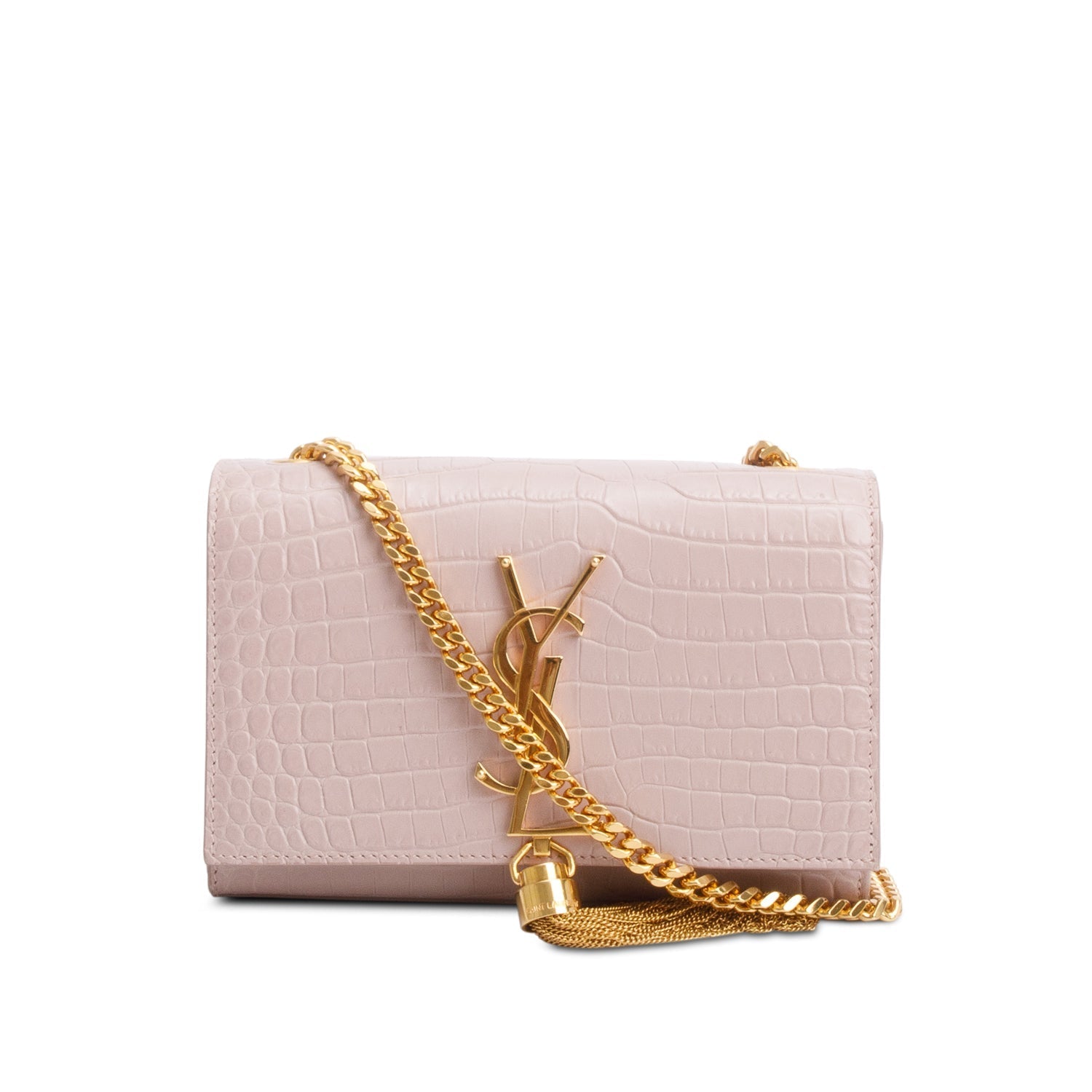 YSL Saint Laurent Croc Embossed Kate Tassel Bag Leather Pink Travel Bag