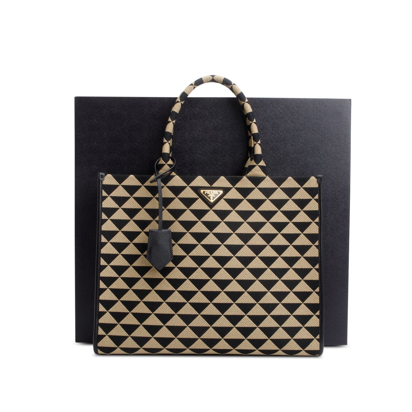 Prada Embroidered Fabric Large Symbole Tote Handbag Black Beige Tote Bag