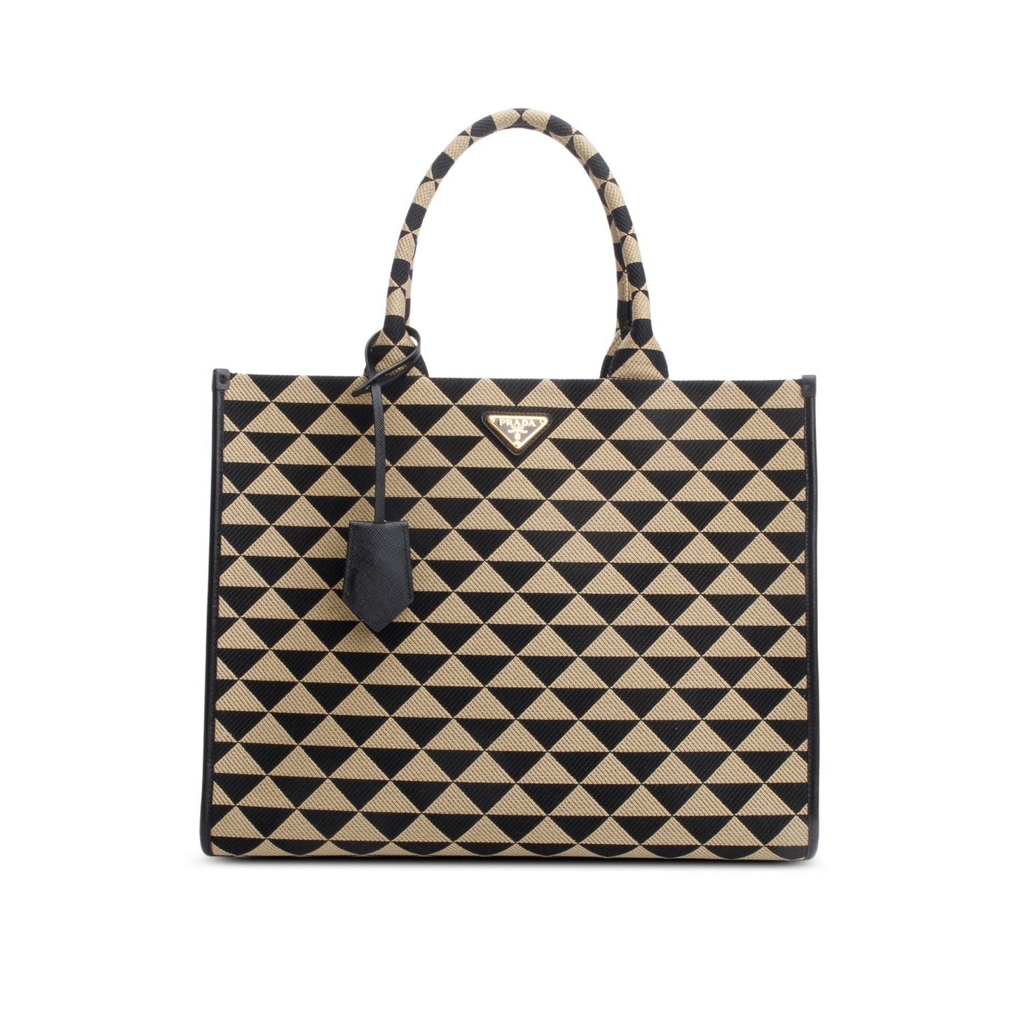 Prada Embroidered Fabric Large Symbole Tote Handbag Black Beige Tote Bag