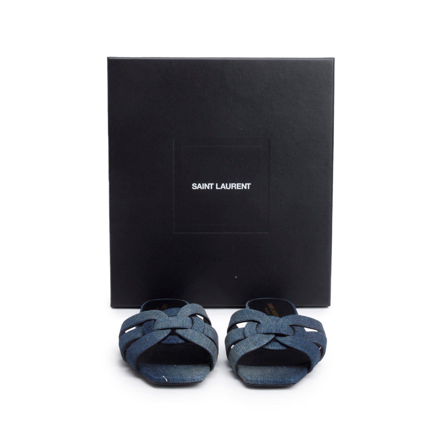 YSL Saint Laurent Tribute Flat Slides Size Travel Bag Denim Blue Shoes