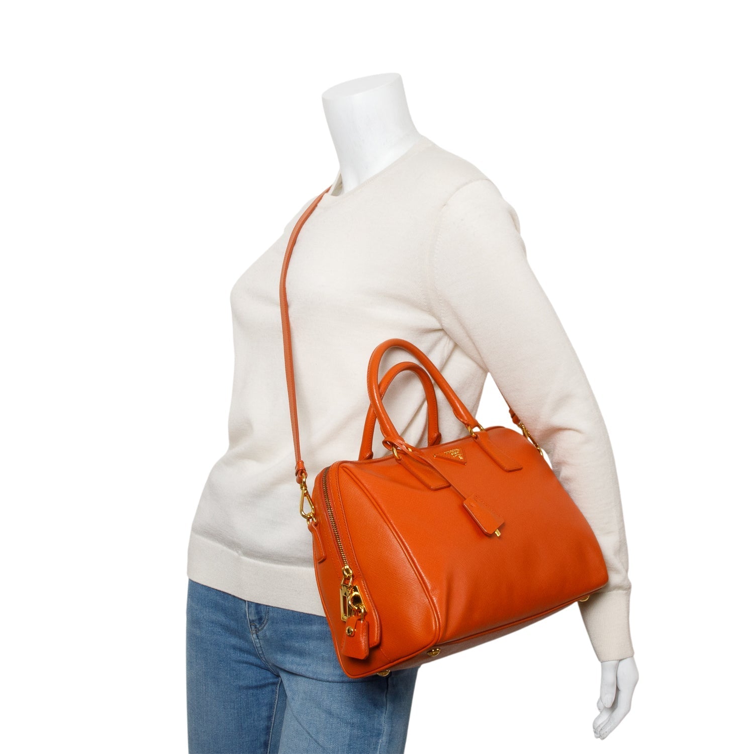 Prada Orange Saffiano Lux Bauletto Bag Leather Travel Bag
