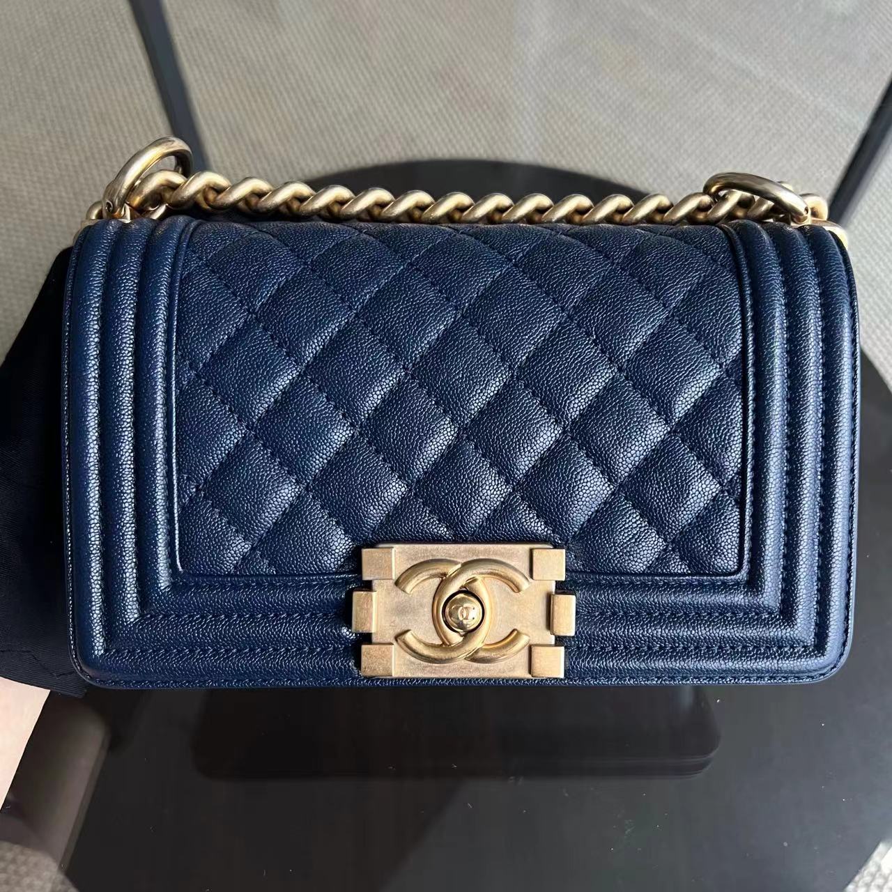 Chanel Boy Small - Caviar Quilted Grained Calfskin Dark Blue Golden Hardware Series 26