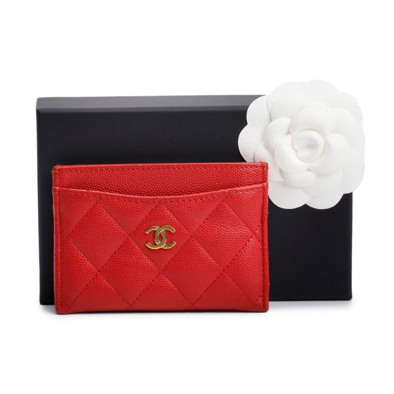 Chanel Caviar Classic Card Holder Leather Red Wallet Case