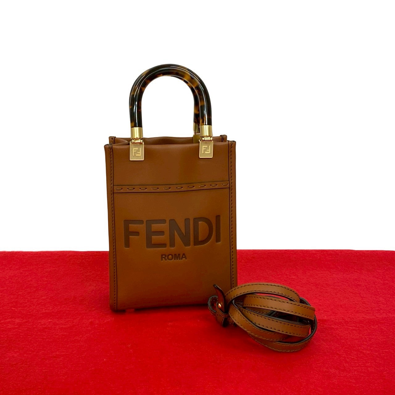 Fendi Shoulder Bag Sunshine Shopper Leather Brown Mini