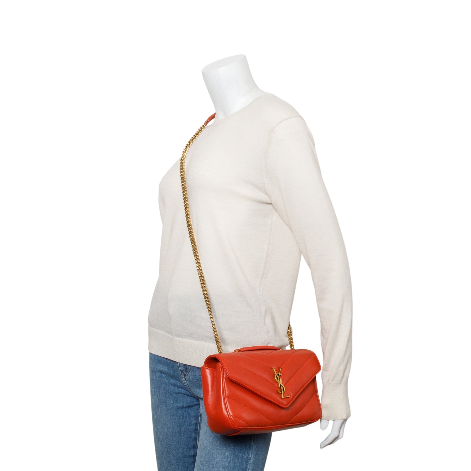 YSL Saint Laurent Orange Lambskin Chevron Loulou Bag Quilted Small Travel Bag