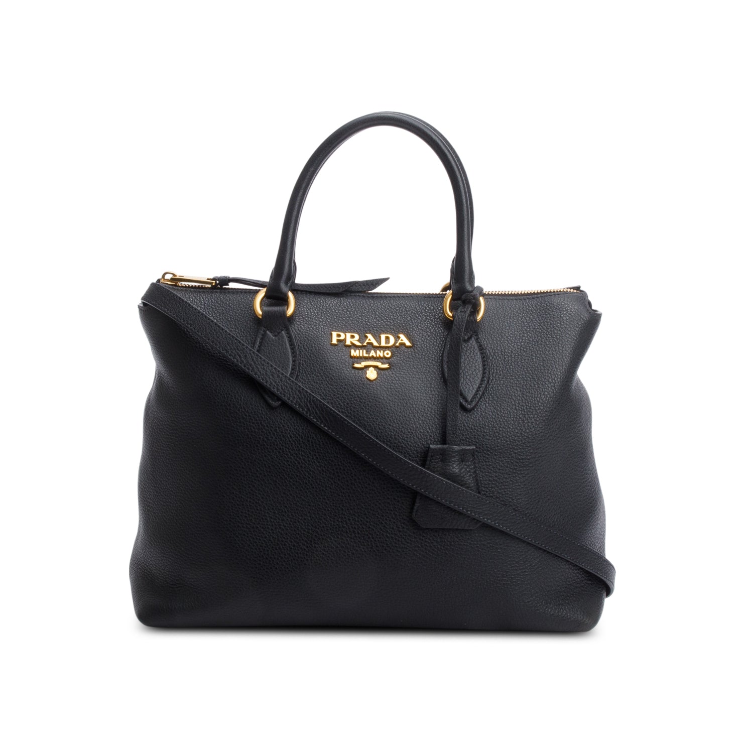 Prada Vitello Daino Zip Tote Handbag Black Small Tote Bag