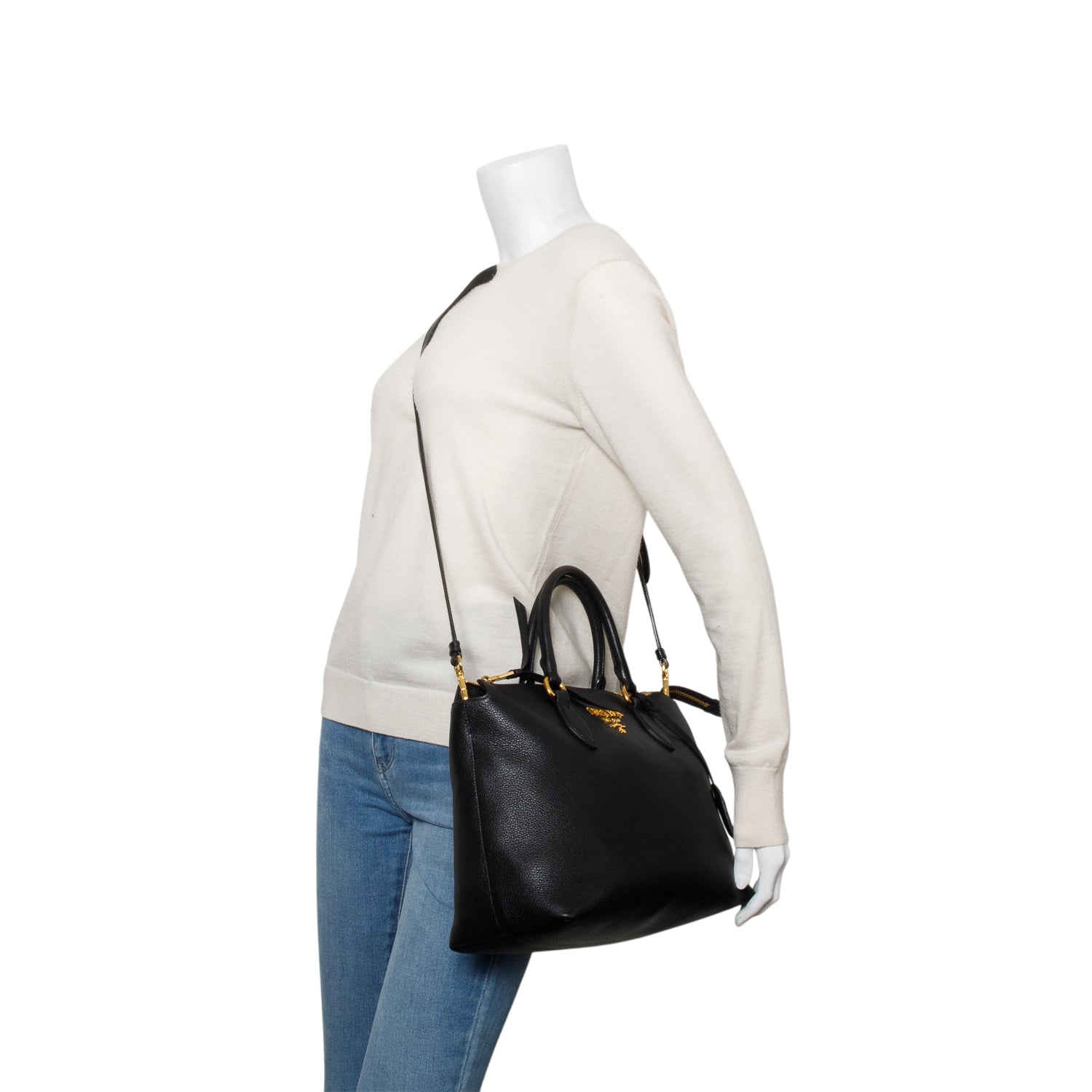 Prada Vitello Daino Zip Tote Handbag Black Small Tote Bag