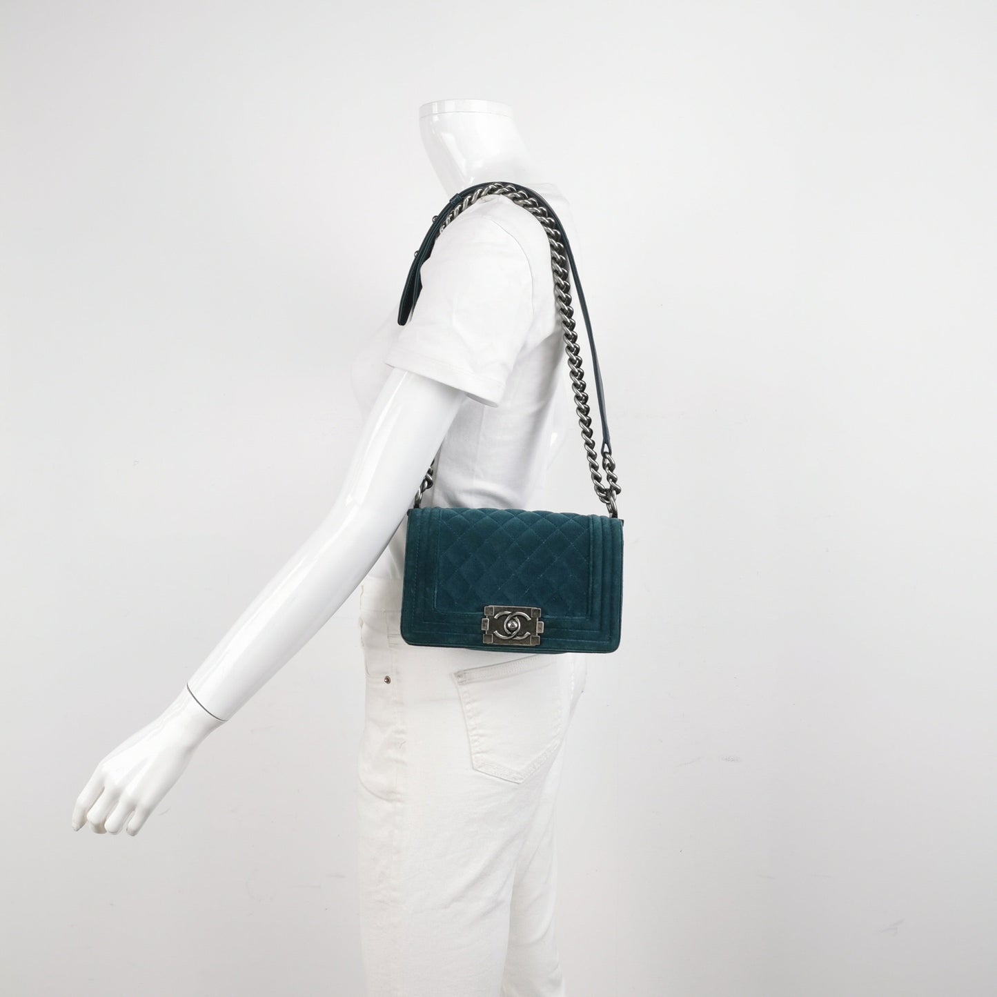 Chanel Le Boy Dark Velvet Antiqued Hardware Green Silver Small Handbag