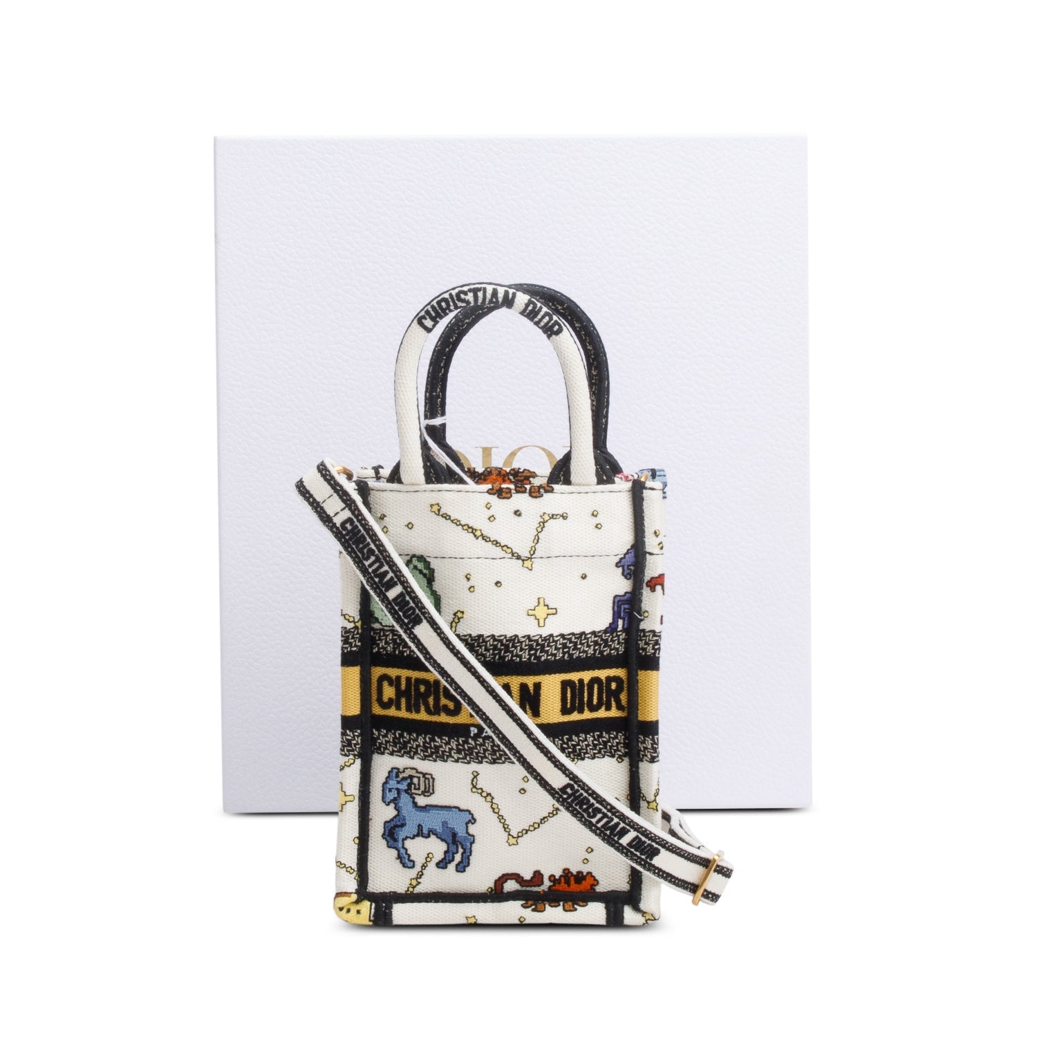 Dior Christian Embroidered Pixel Zodiac Mini Book Tote Canvas Tote Bag