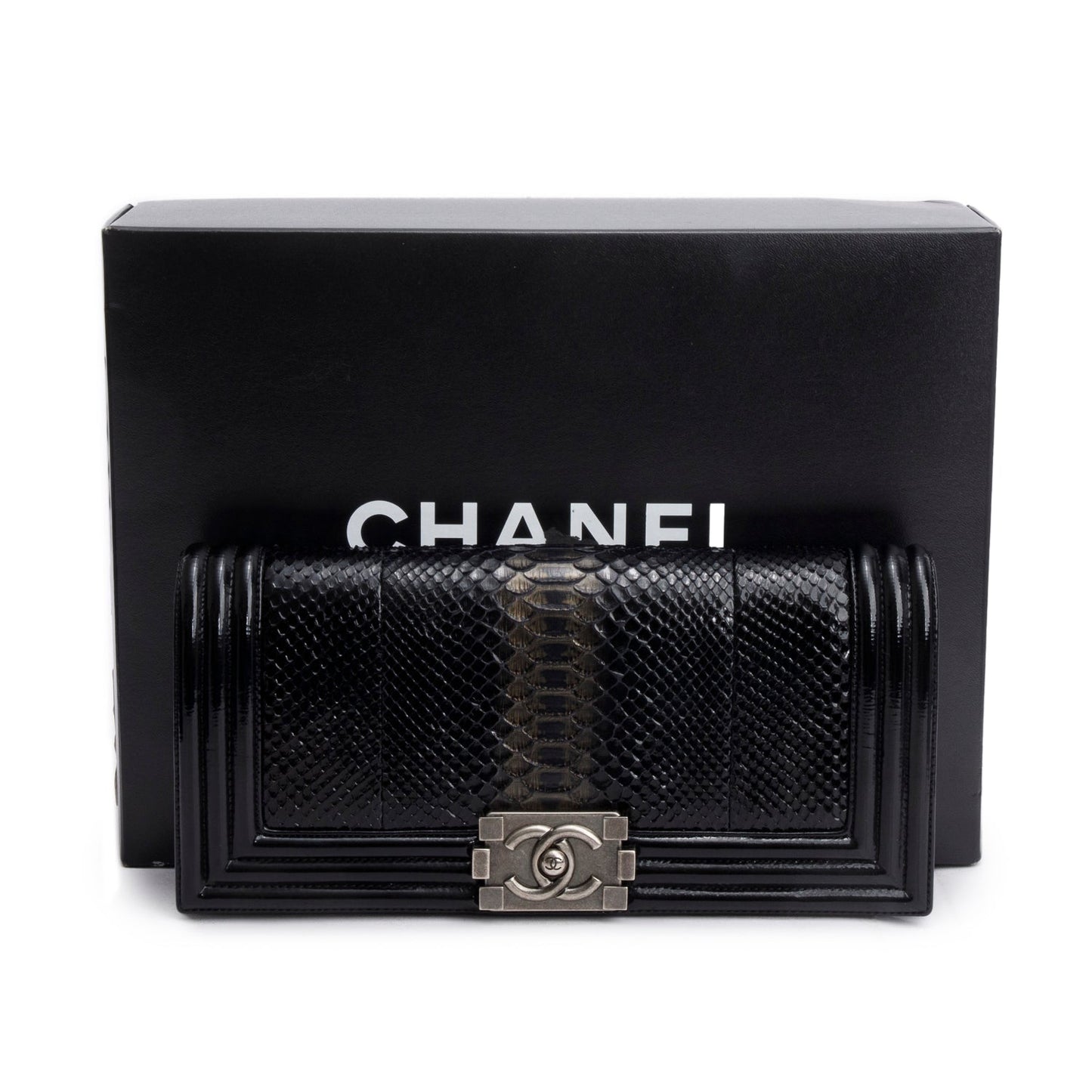 Chanel Python Patent Boy Flap Leather Black Travel Bag