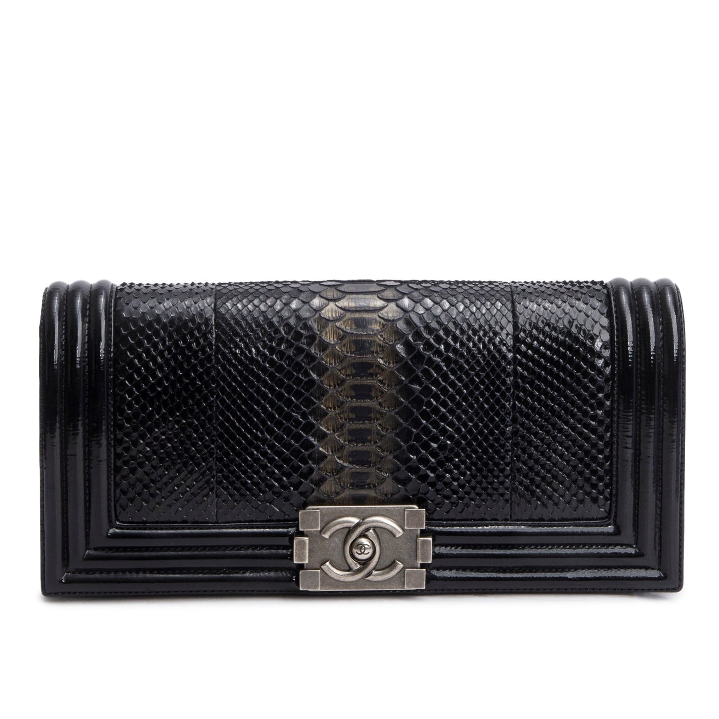 Chanel Python Patent Boy Flap Leather Black Travel Bag