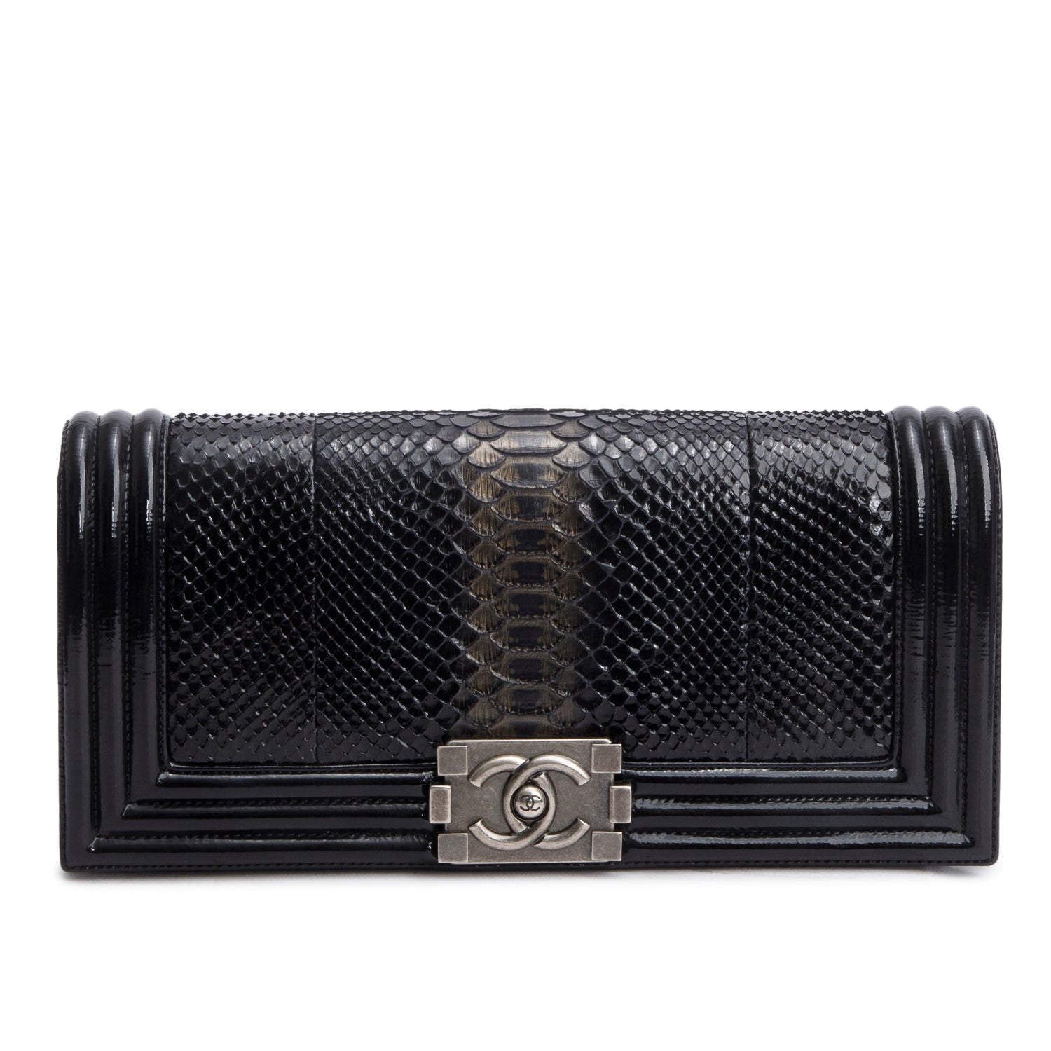 Chanel Python Patent Boy Flap Leather Black Travel Bag