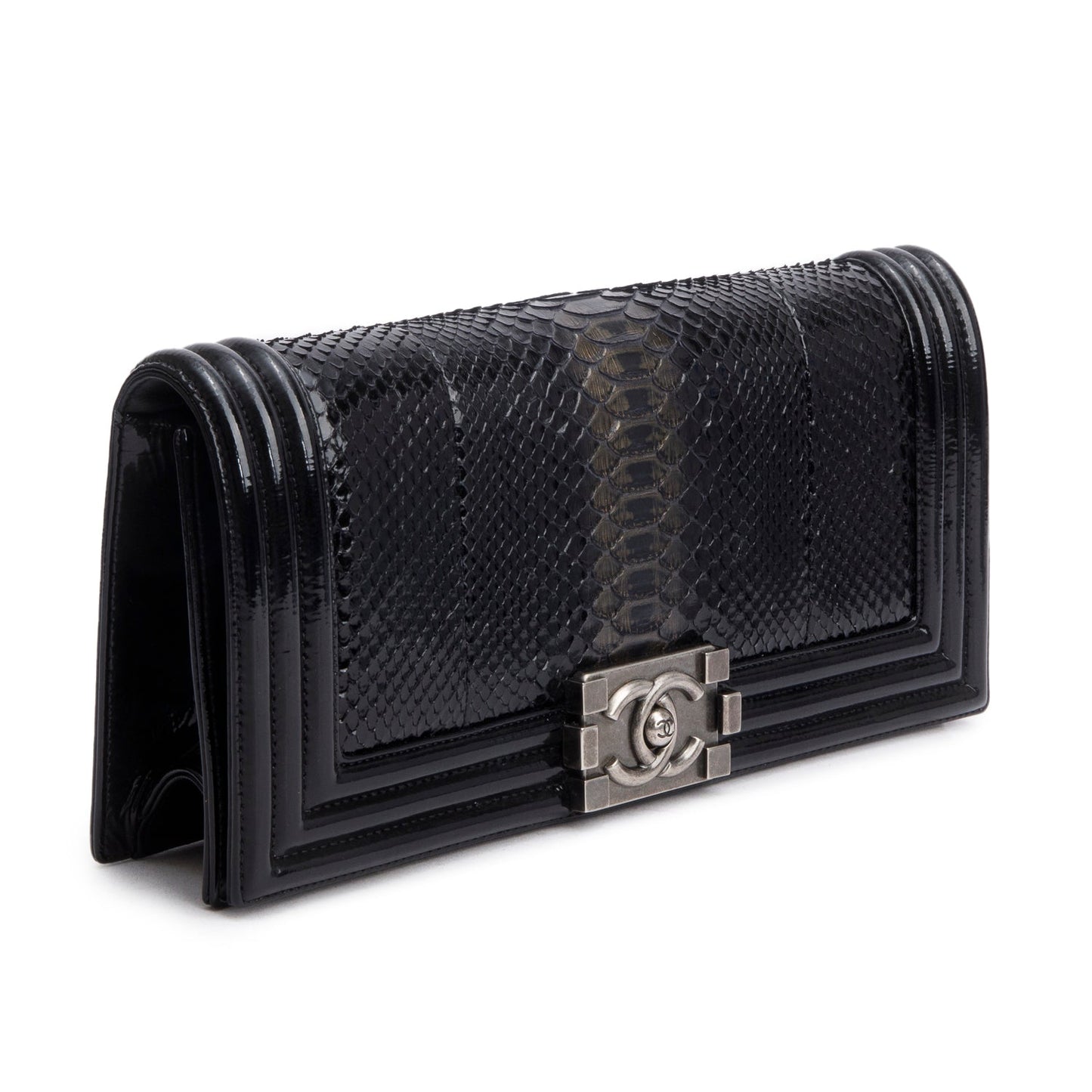 Chanel Python Patent Boy Flap Leather Black Travel Bag