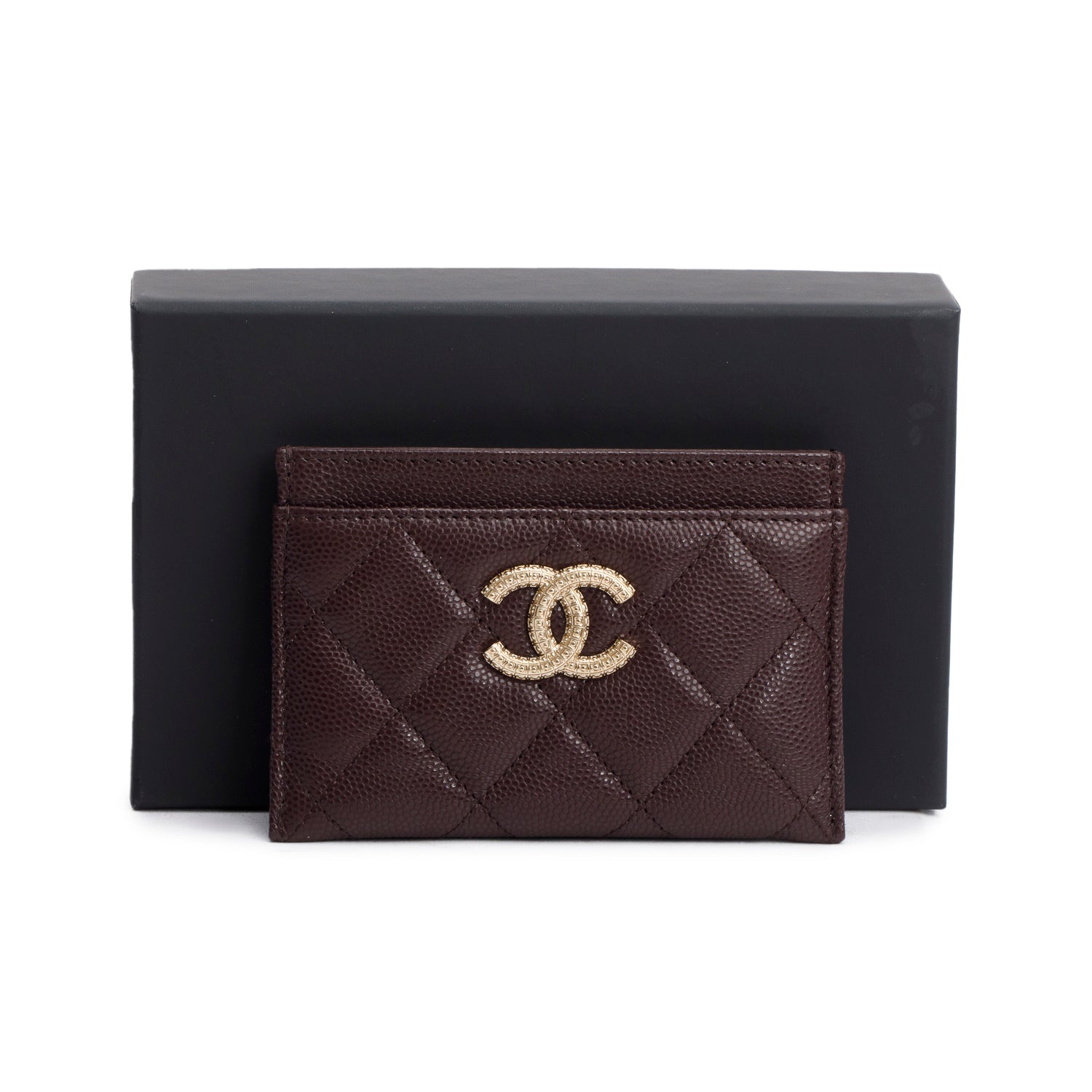 Chanel Burgundy Quilted Caviar Card Holder Leather Wallet Case