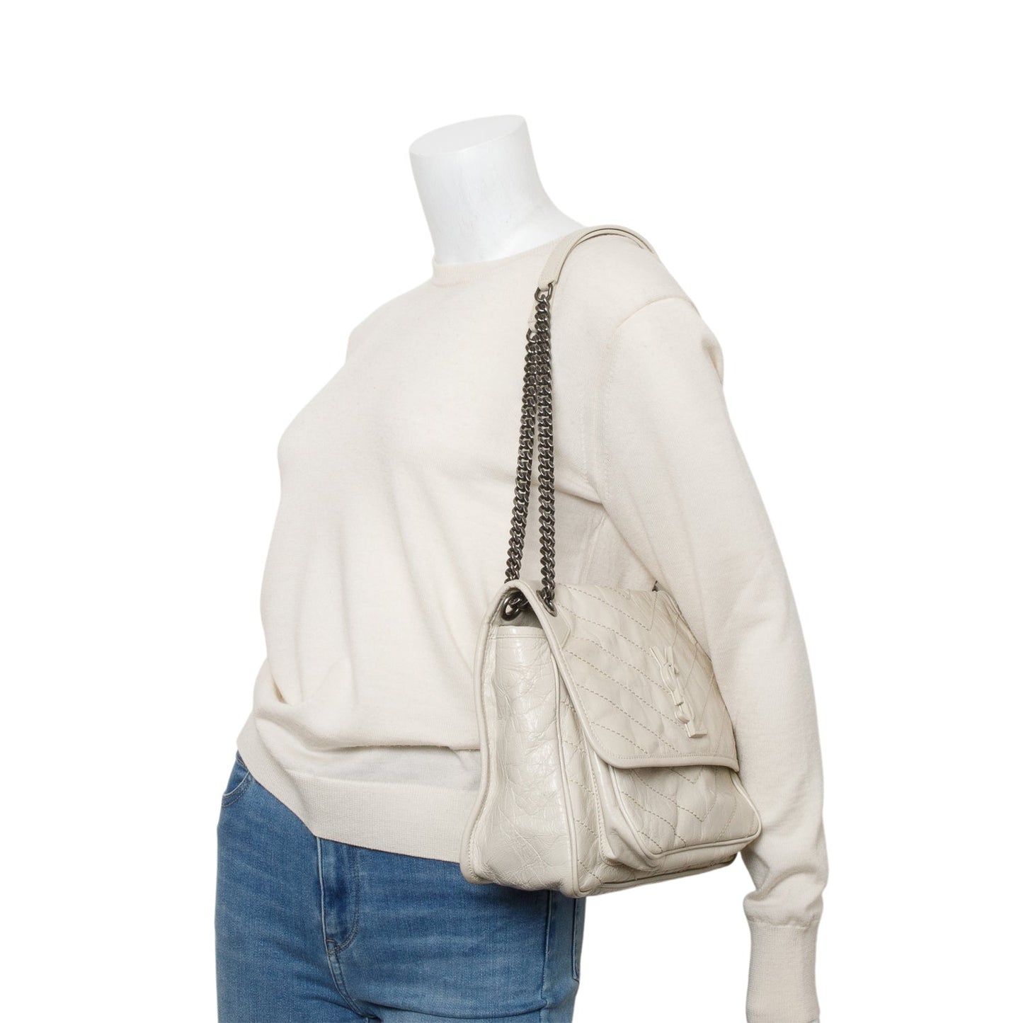 YSL Saint Laurent Ivory Niki Chain Satchel Leather Monogram Travel Bag