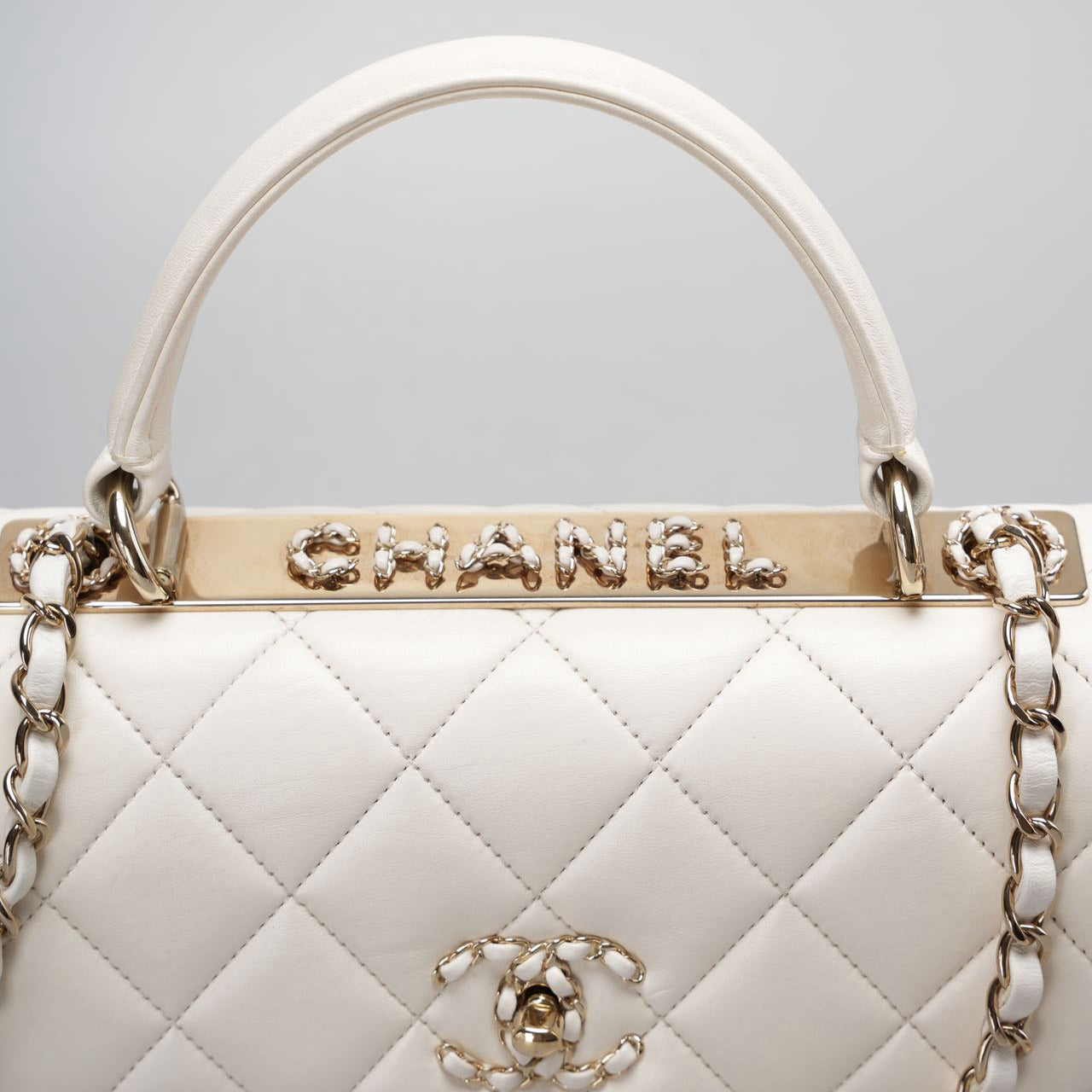 Chanel White Trendy CC Bag In Lambskin Leather With Top Handle In Small Size