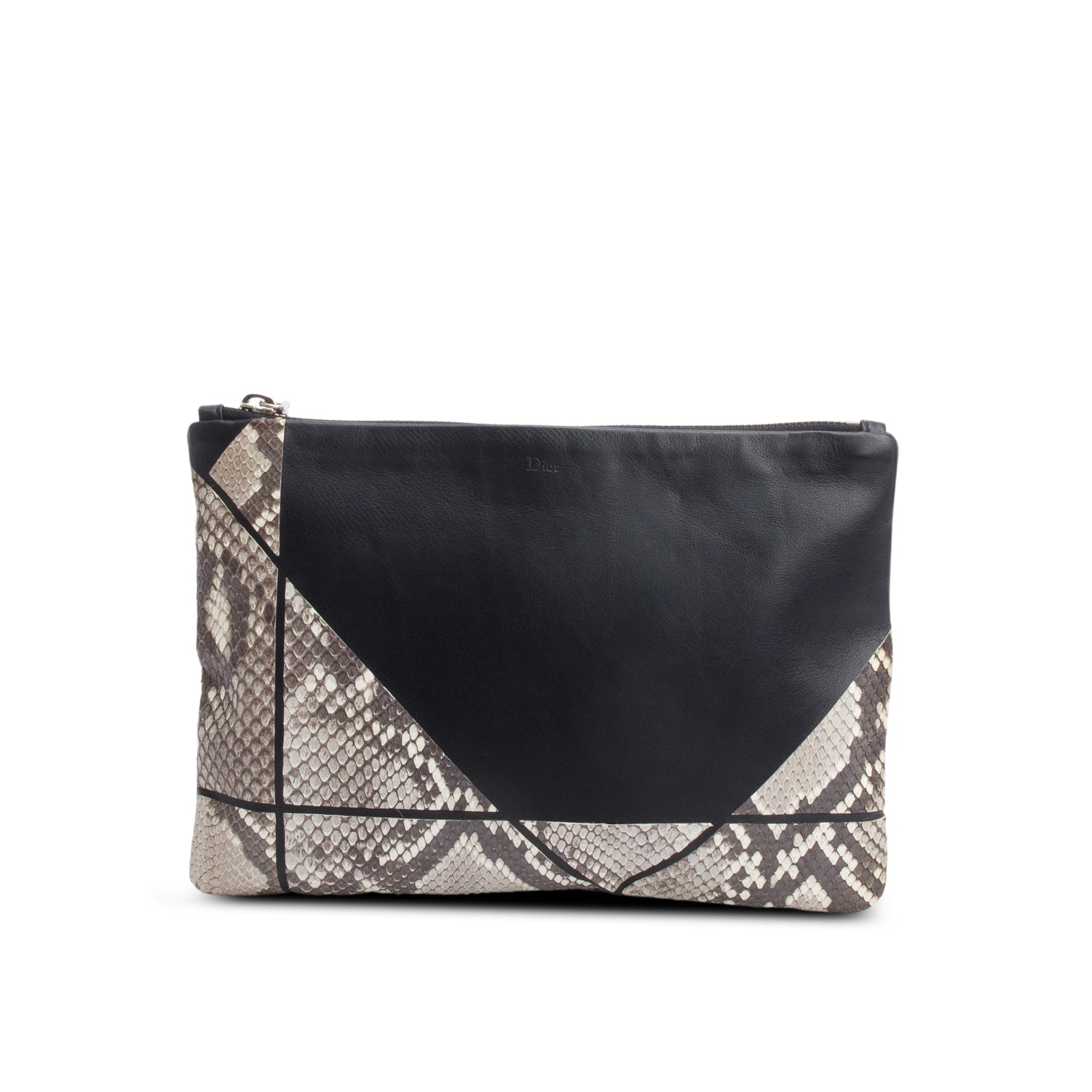 Dior Christian Grey Python Trim Zip Pouch Handbag Leather Black Travel Bag