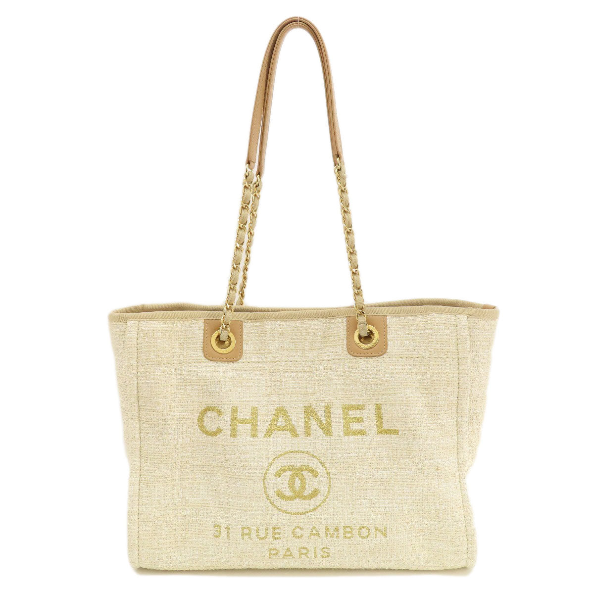 Chanel Tweed Deauville White Gold MM Tote Bag