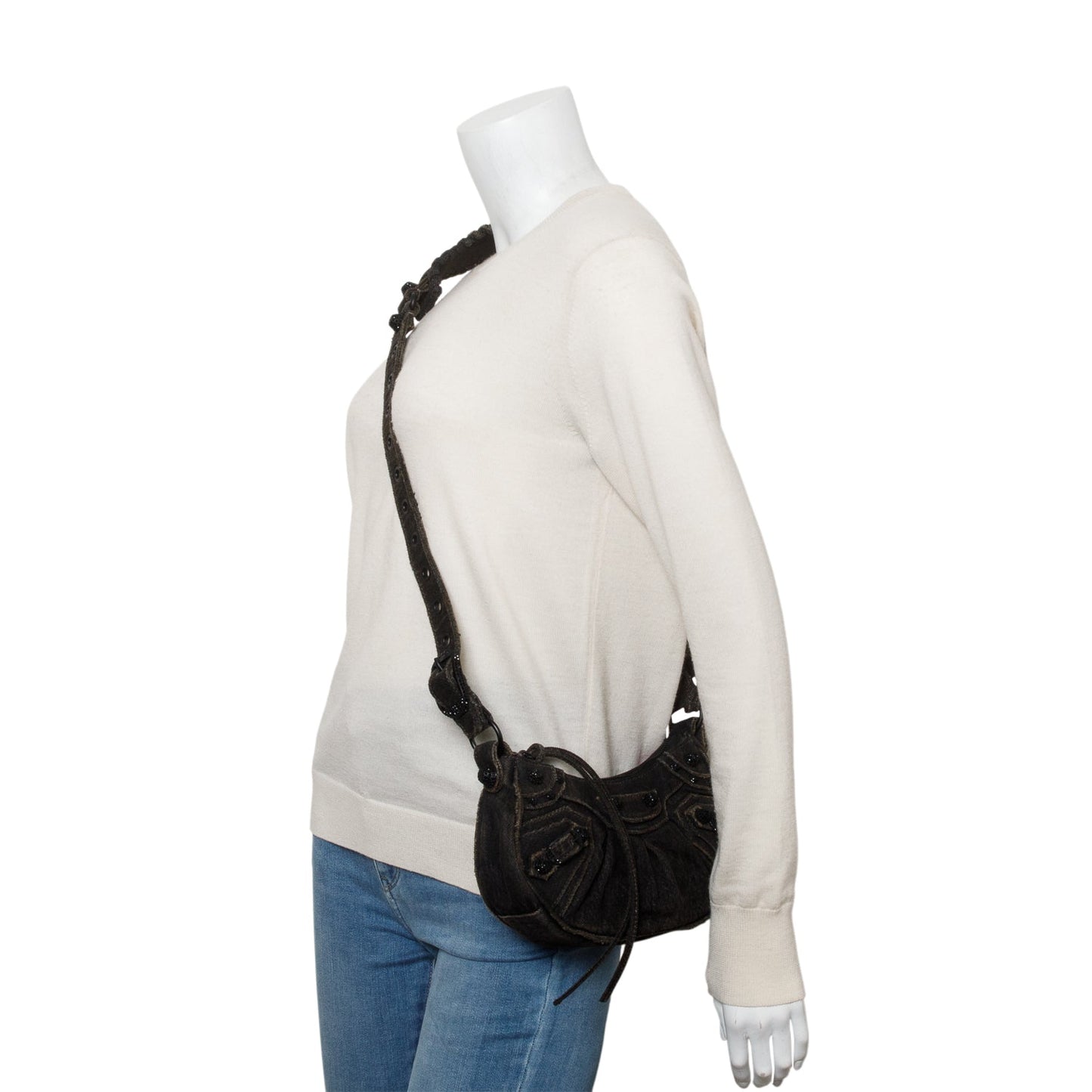 Balenciaga Washed Frayed Crystal Le Cagole Xs Travel Denim Black Travel Bag
