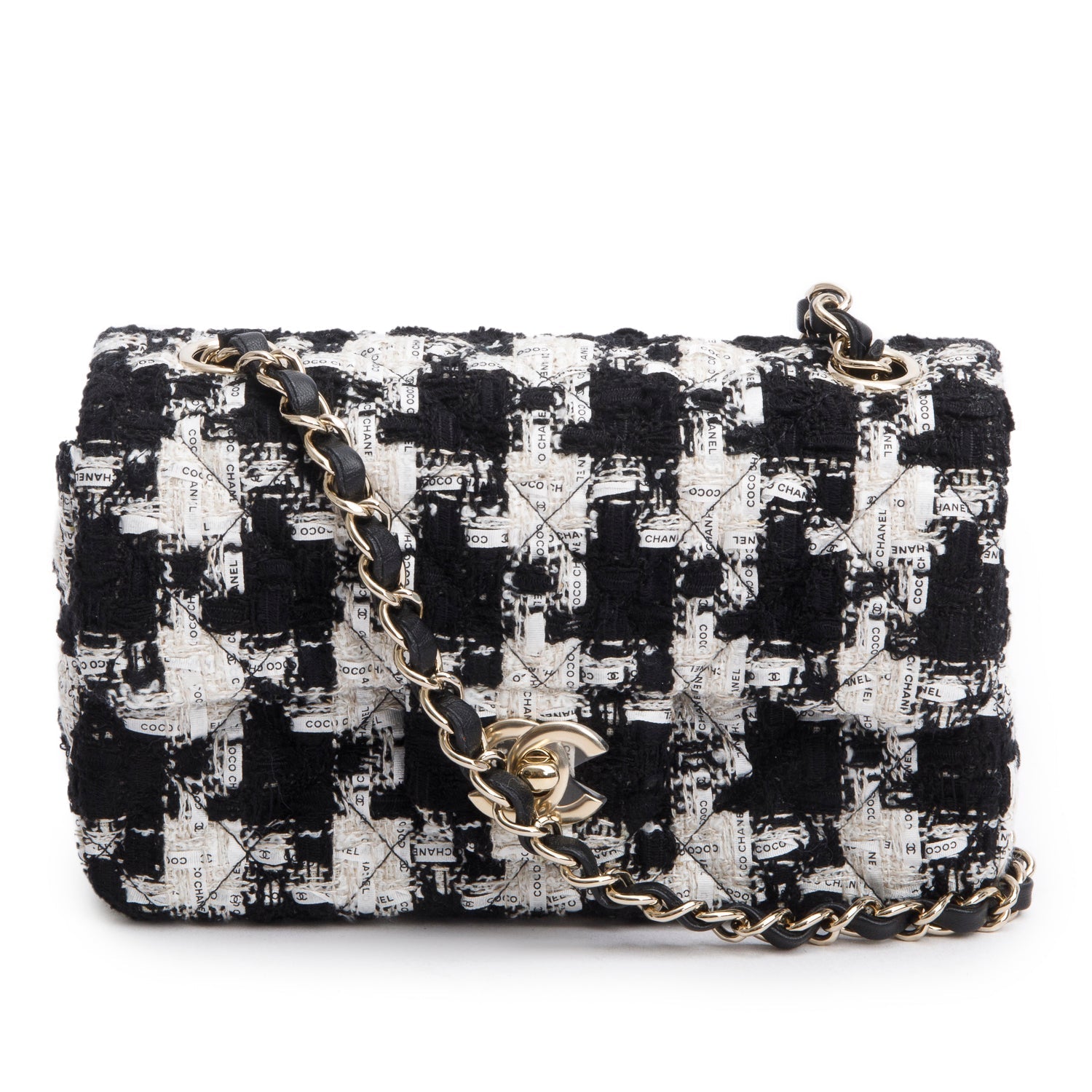 Chanel Tweed Houndstooth Quilted Rectangular Flap Black White Travel Bag