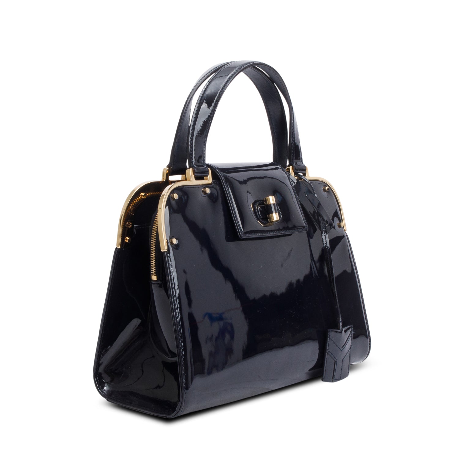 YSL Saint Laurent Navy Patent Rive Gauche Uptown Handle Bag Leather Medium Travel Bag