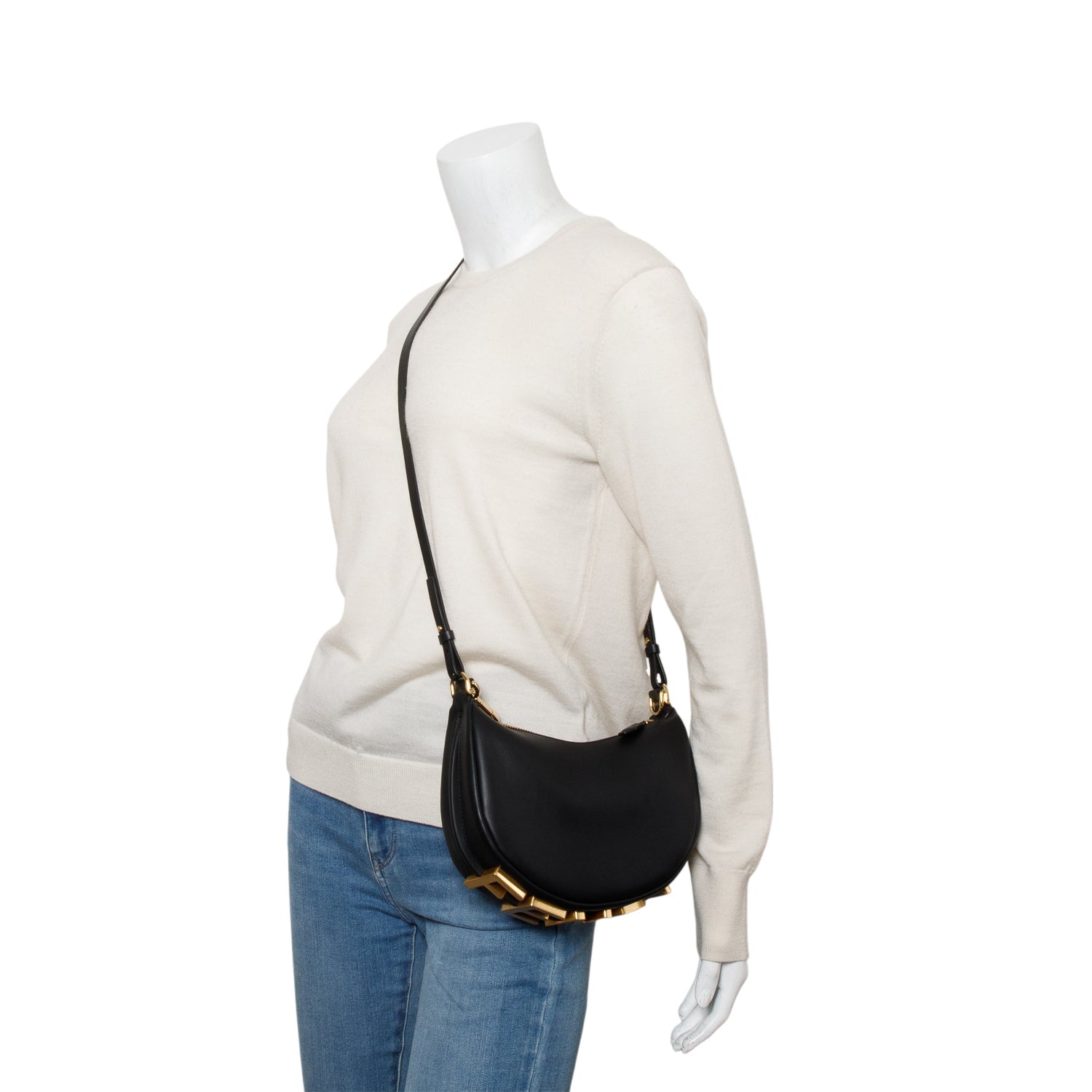Fendi Vitello Grace graphy Hobo Bag Leather Black Travel Bag