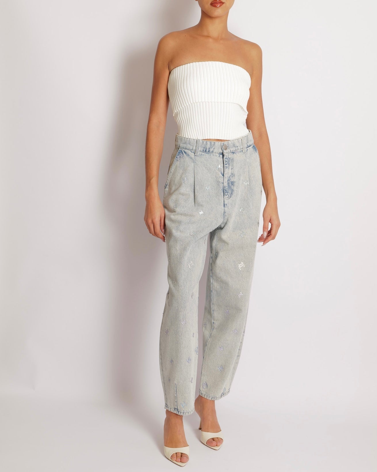 Chanel Fall 2021 Light Blue Straight Leg High-Waisted Jeans with Turquoise, Lilac, and Silver Metallic CC Logos and Silver Button Detail Size FR 40 (UK 12)