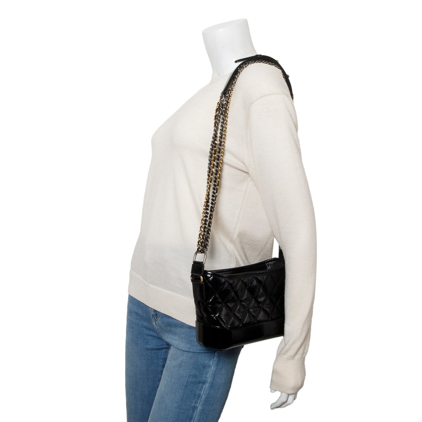 Chanel Patent Aged Gabrielle Hobo Leather Lambskin Black Travel Bag