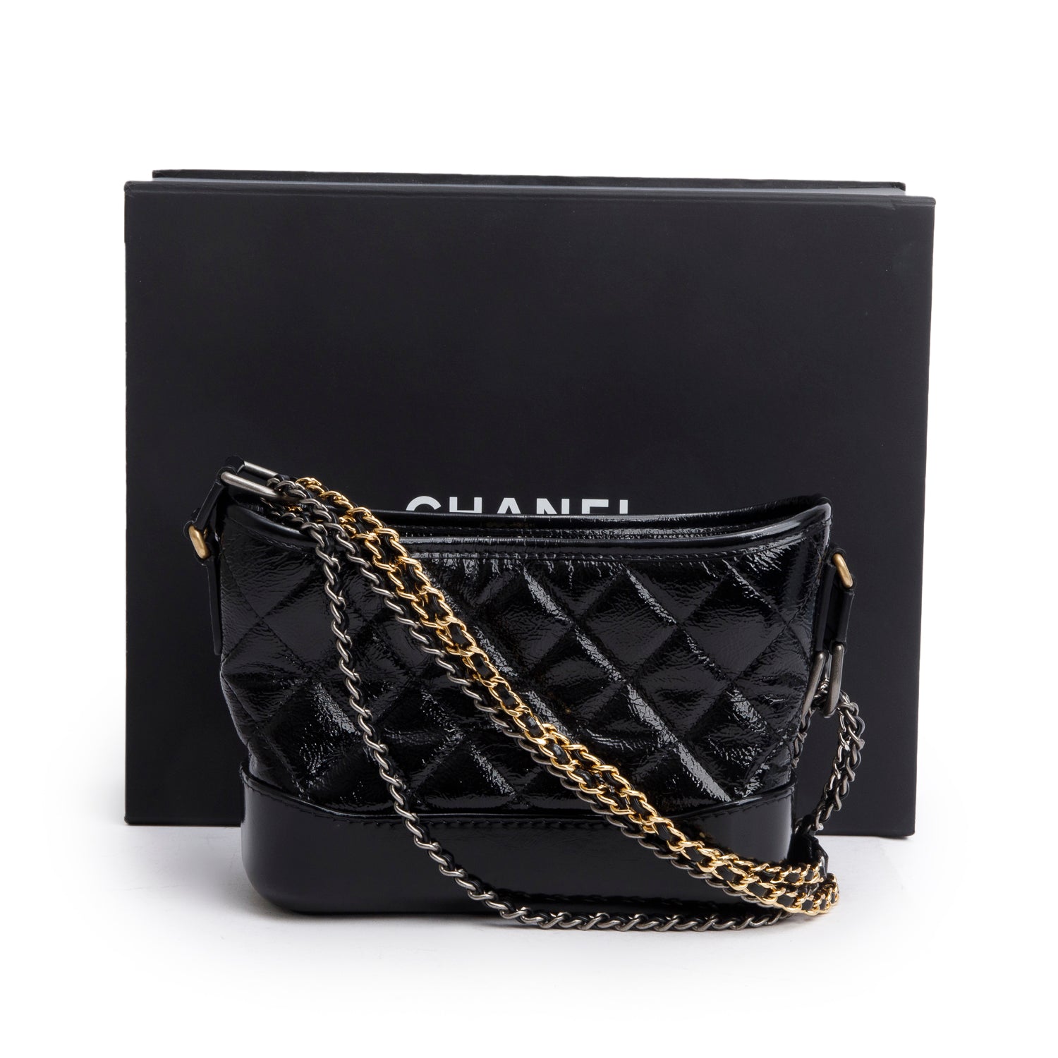 Chanel Patent Aged Gabrielle Hobo Leather Lambskin Black Travel Bag