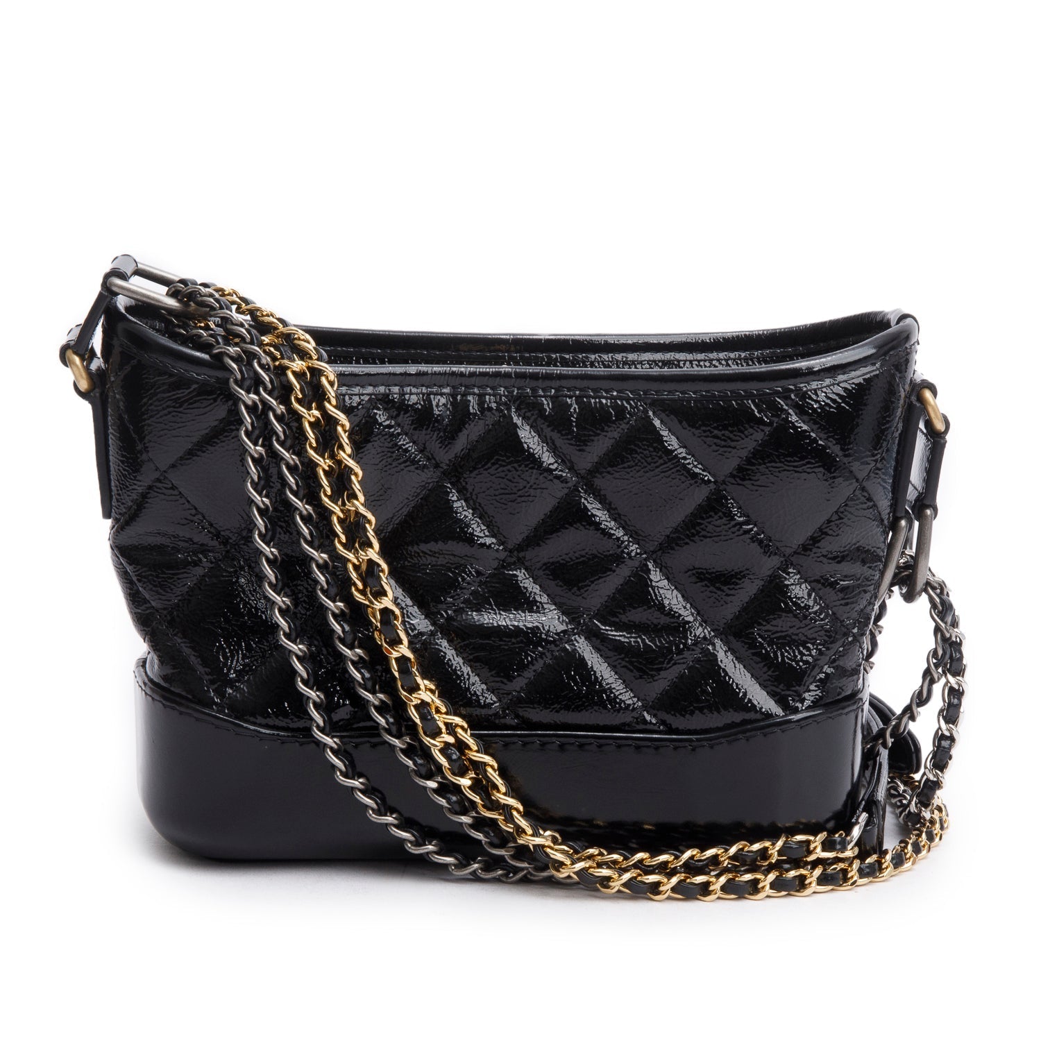 Chanel Patent Aged Gabrielle Hobo Leather Lambskin Black Travel Bag