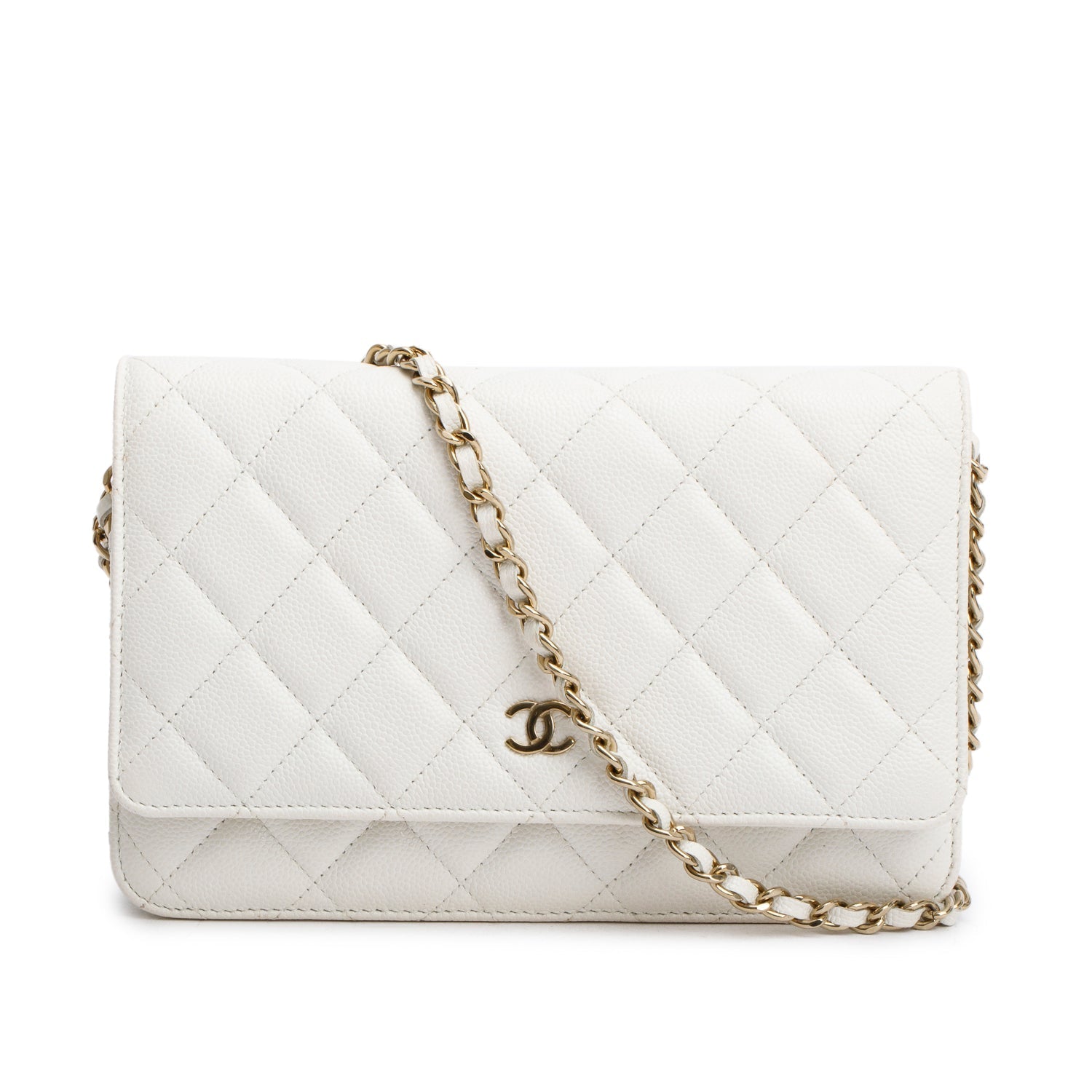 Chanel Quilted Caviar Classic on Leather White Wallet Case On Chain