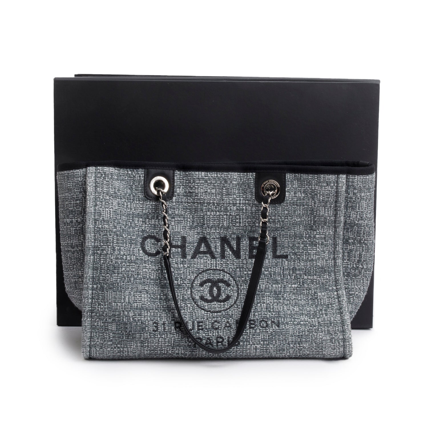 Chanel Tweed Deauville Shopping Grey Travel Bag