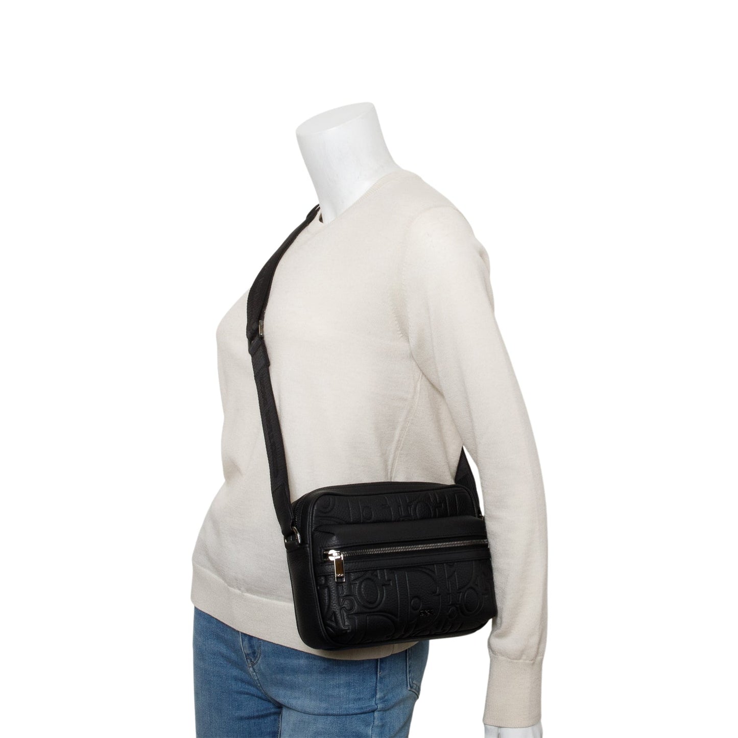 Dior Christian Embossed Calfskin Rider . Zipped Messenger Black Travel Bag