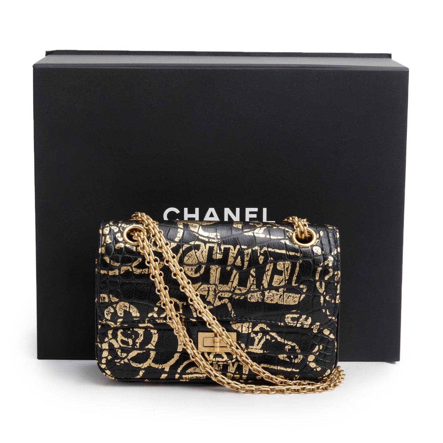 Chanel Croc Embossed Grafitti 2.55 Reissue Calfskin Black Travel Bag