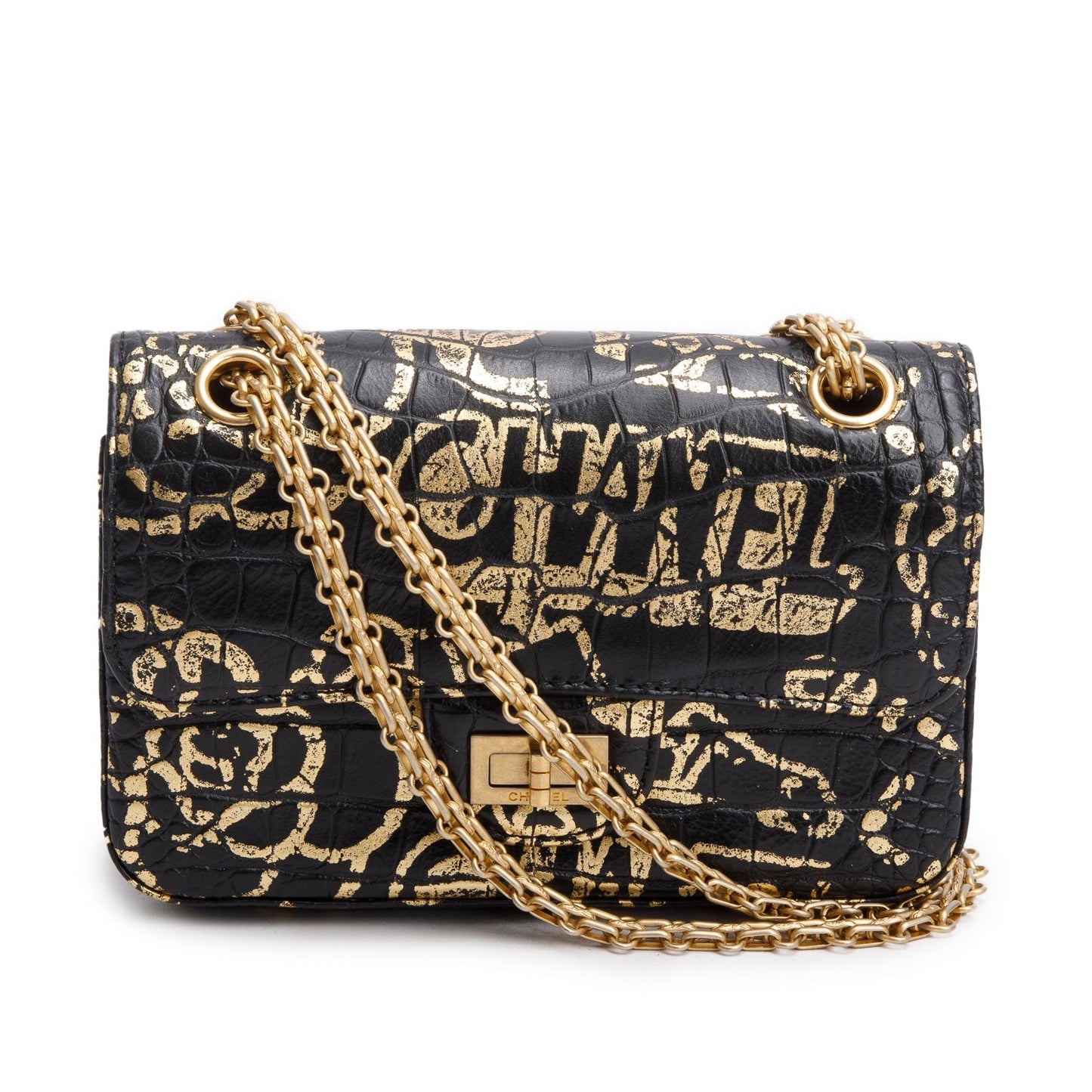 Chanel Croc Embossed Grafitti 2.55 Reissue Calfskin Black Travel Bag