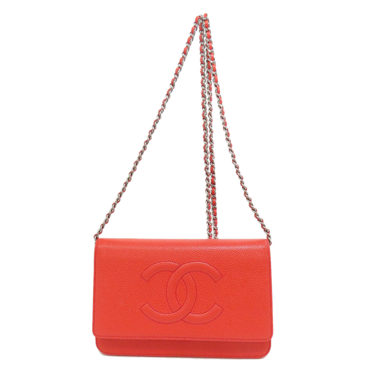 Chanel Grained Calfskin Skin COCO Mark Red Wallet Case