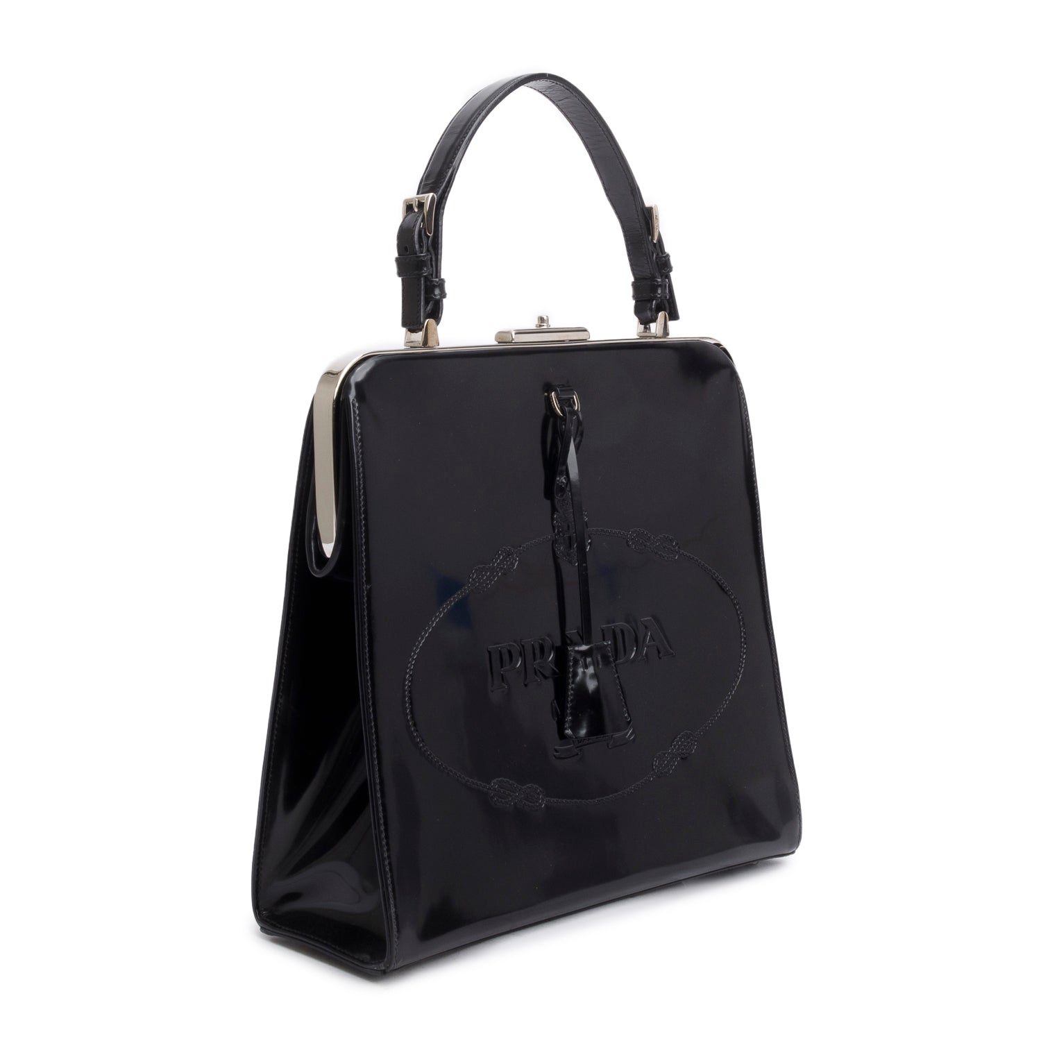 Prada Spazzolato Frame Handle Bag Black Logo Travel Bag