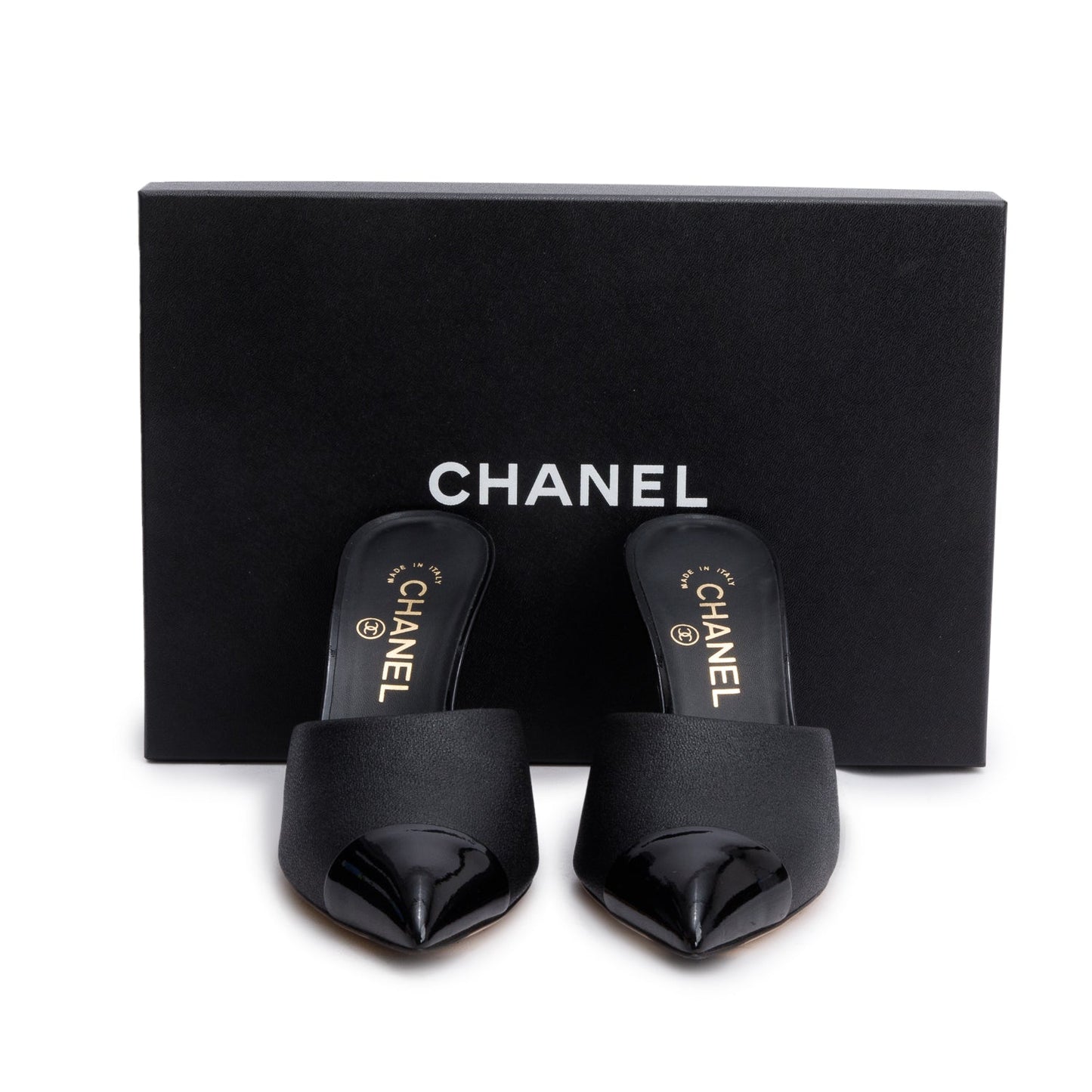 Chanel Grosgrain Cap Toe Pearl Mule Calfskin Black Hat