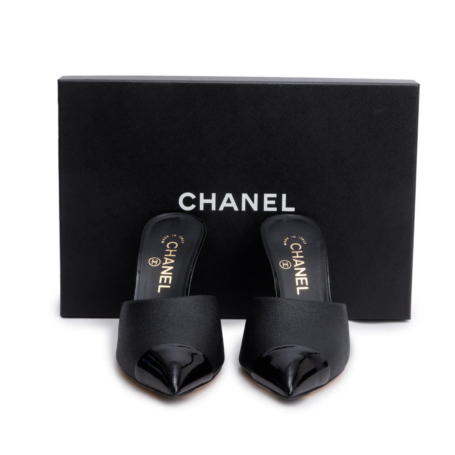 Chanel Grosgrain Cap Toe Pearl Mule Calfskin Black Hat
