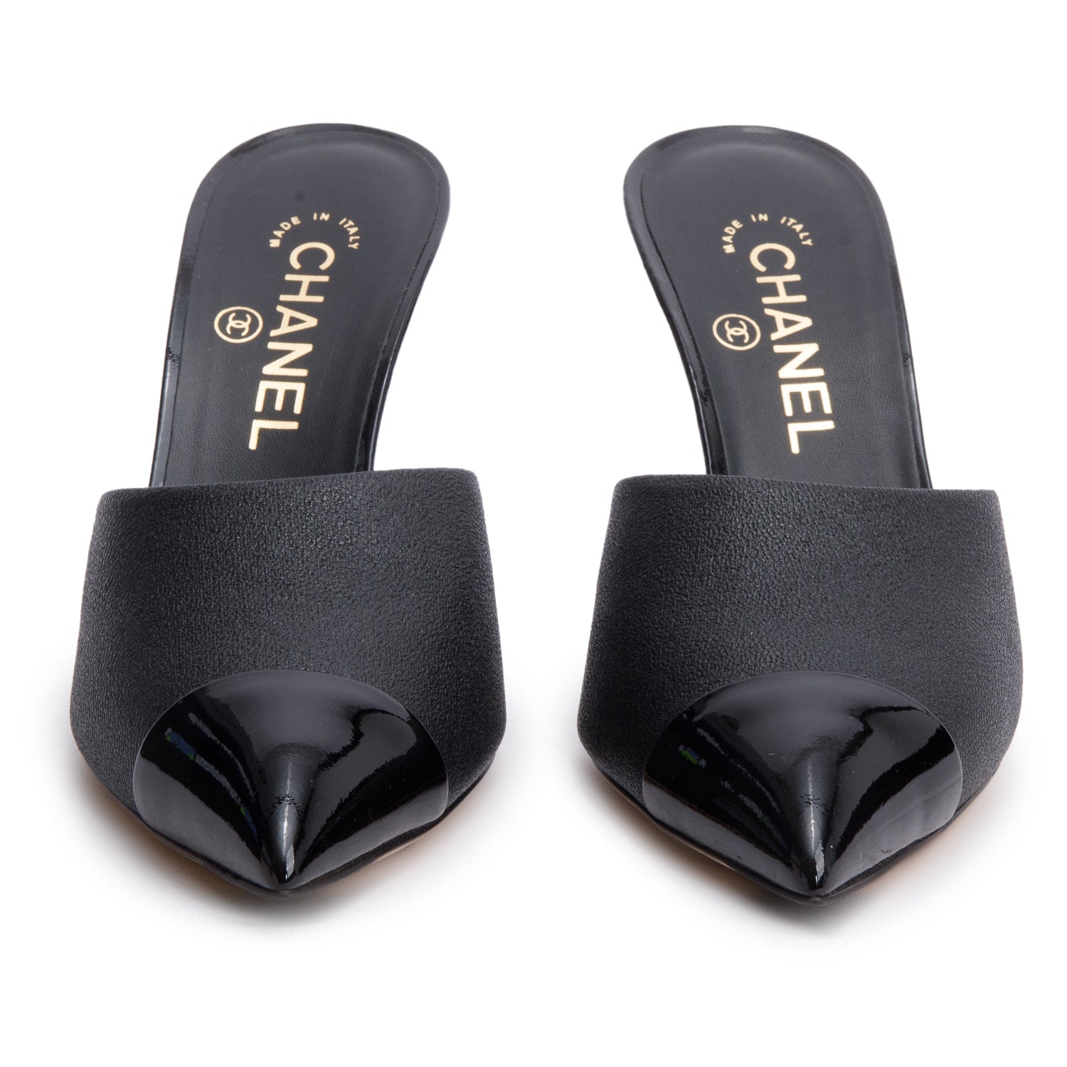 Chanel Grosgrain Cap Toe Pearl Mule Calfskin Black Hat