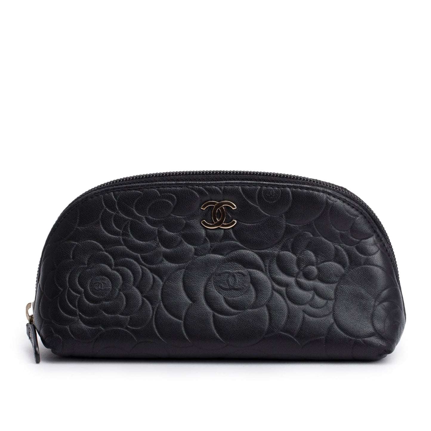 Chanel Camellia Embossed Cosmetic Lambskin Black Travel Bag