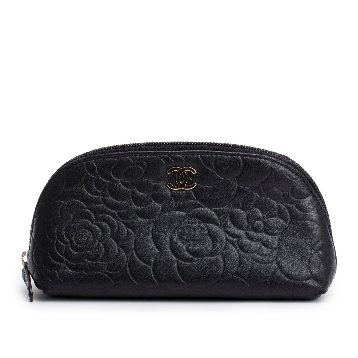 Chanel Camellia Embossed Cosmetic Lambskin Black Travel Bag