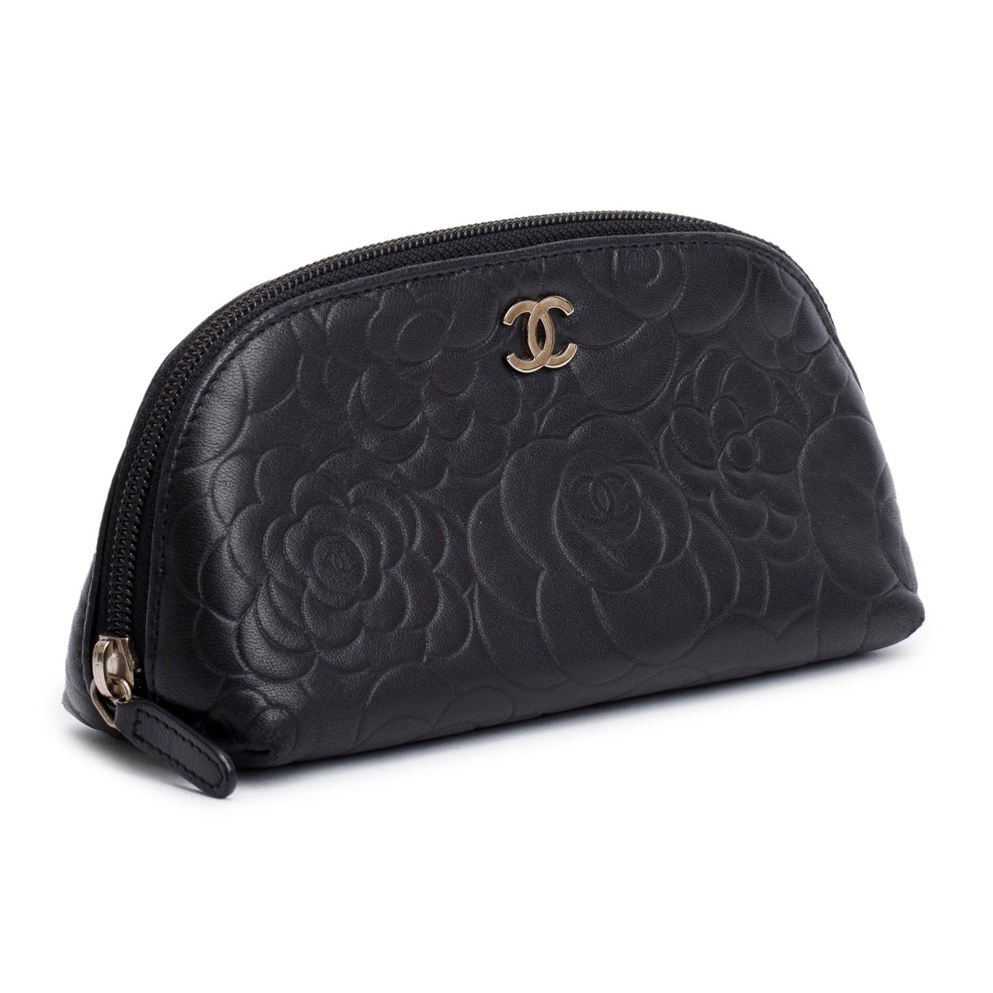 Chanel Camellia Embossed Cosmetic Lambskin Black Travel Bag