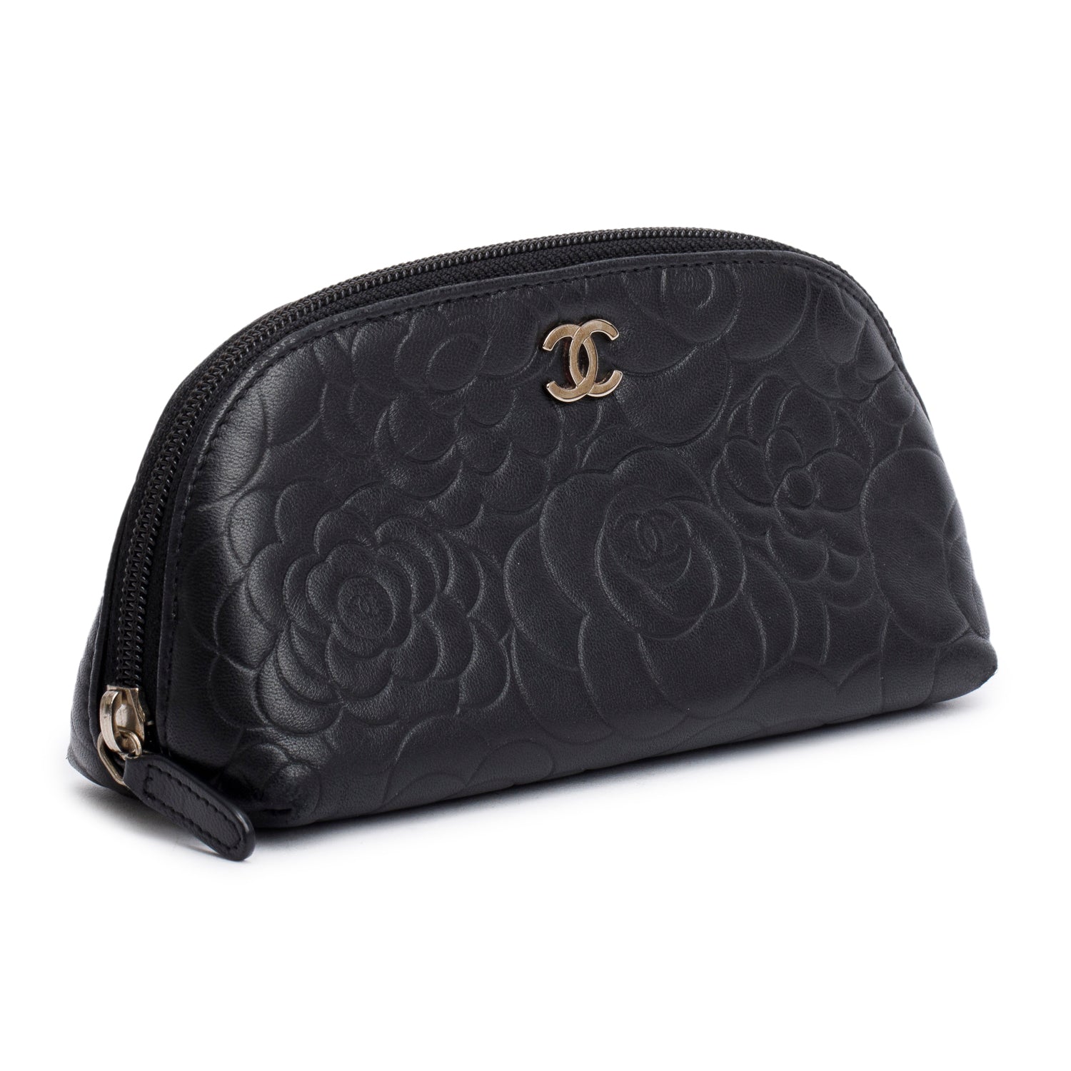 Chanel Camellia Embossed Cosmetic Lambskin Black Travel Bag