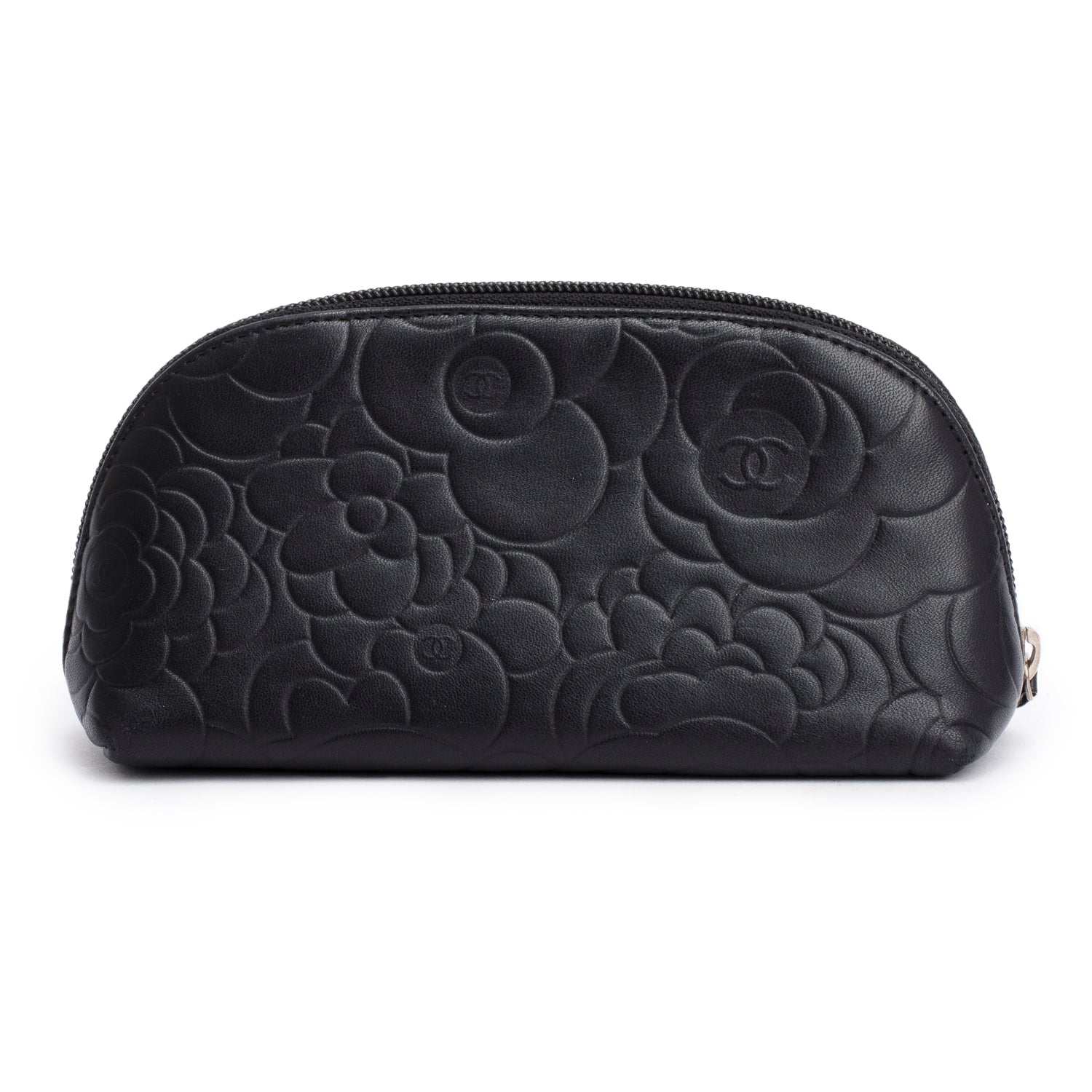 Chanel Camellia Embossed Cosmetic Lambskin Black Travel Bag