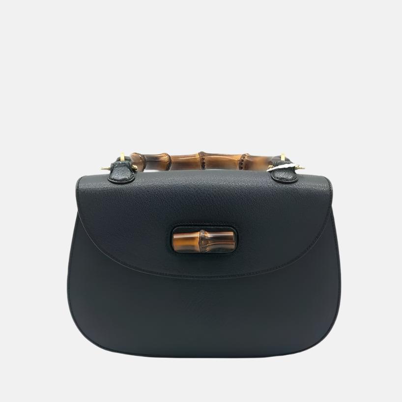 Gucci Bamboo Leather Black Medium Top Handle Travel Bag Black 1