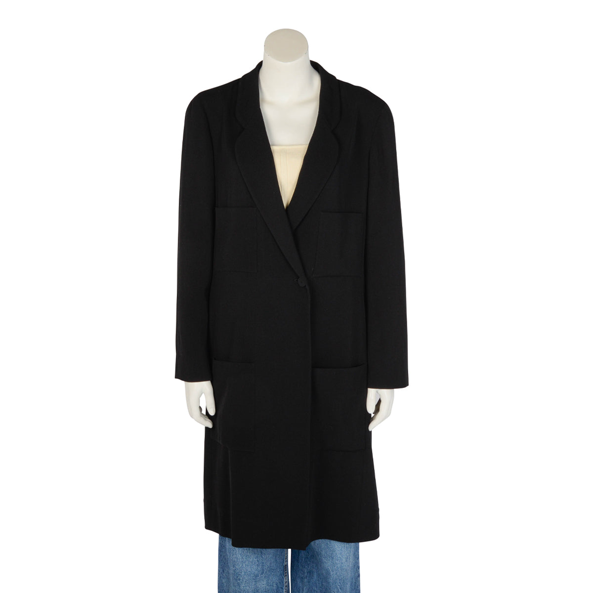 Chanel Black Wool Twill Longline Coat Fr 46