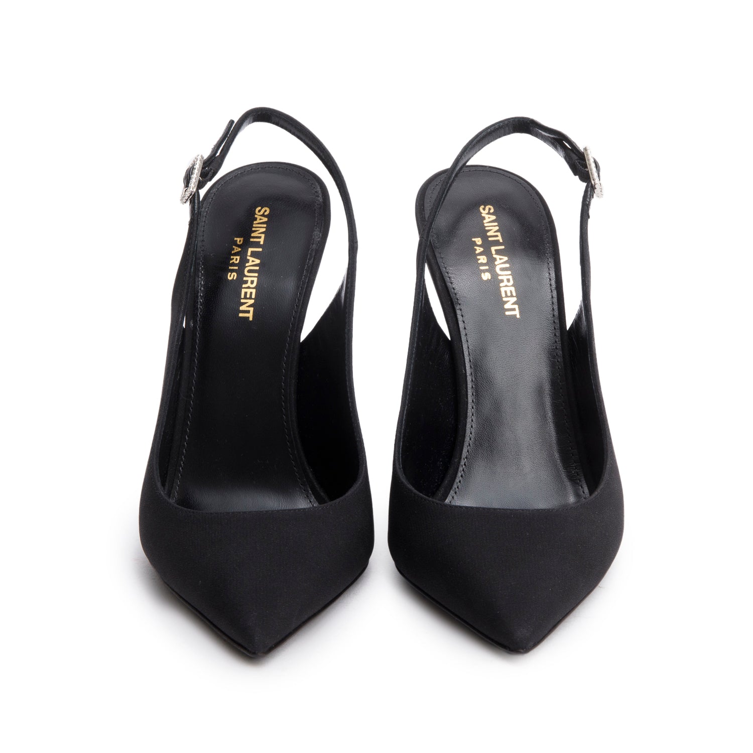 YSL Saint Laurent Crepe Opyum Crystal Slingback Pump Size Travel Satin Black Shoes