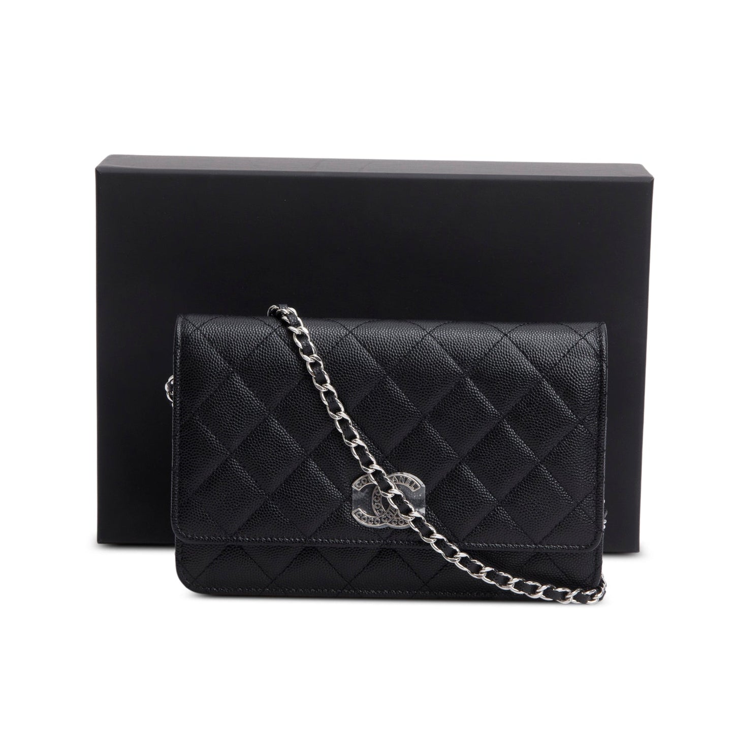 Chanel Quilted Caviar Coco CC on Leather Black Wallet Case